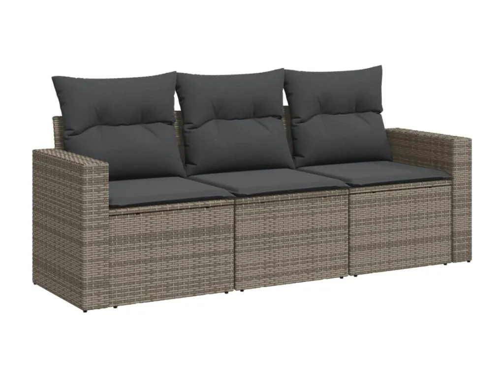 Set de sofá de jardín 3 piezas y cojines ratán sintético gris