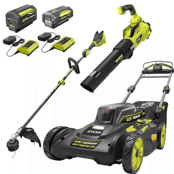 2025 40V Brushless 20 in. Walk Behind Self Propelled Mower String Trimmer Leaf Blower with (2) Batteries and (2) Chargers