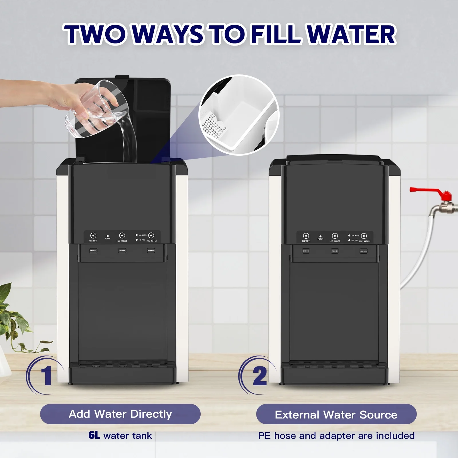 Advwin 3 in 1 Water Dispenser with Ice Maker Countertop, Bullet Ice, Crushed Ice, Water Cooler, 44Lbs/24H, 12 Ice Cube/6Min, Self-cleaning, 4Lbs Ice Storage, Home, Kitchen, Party, RV - Image 2