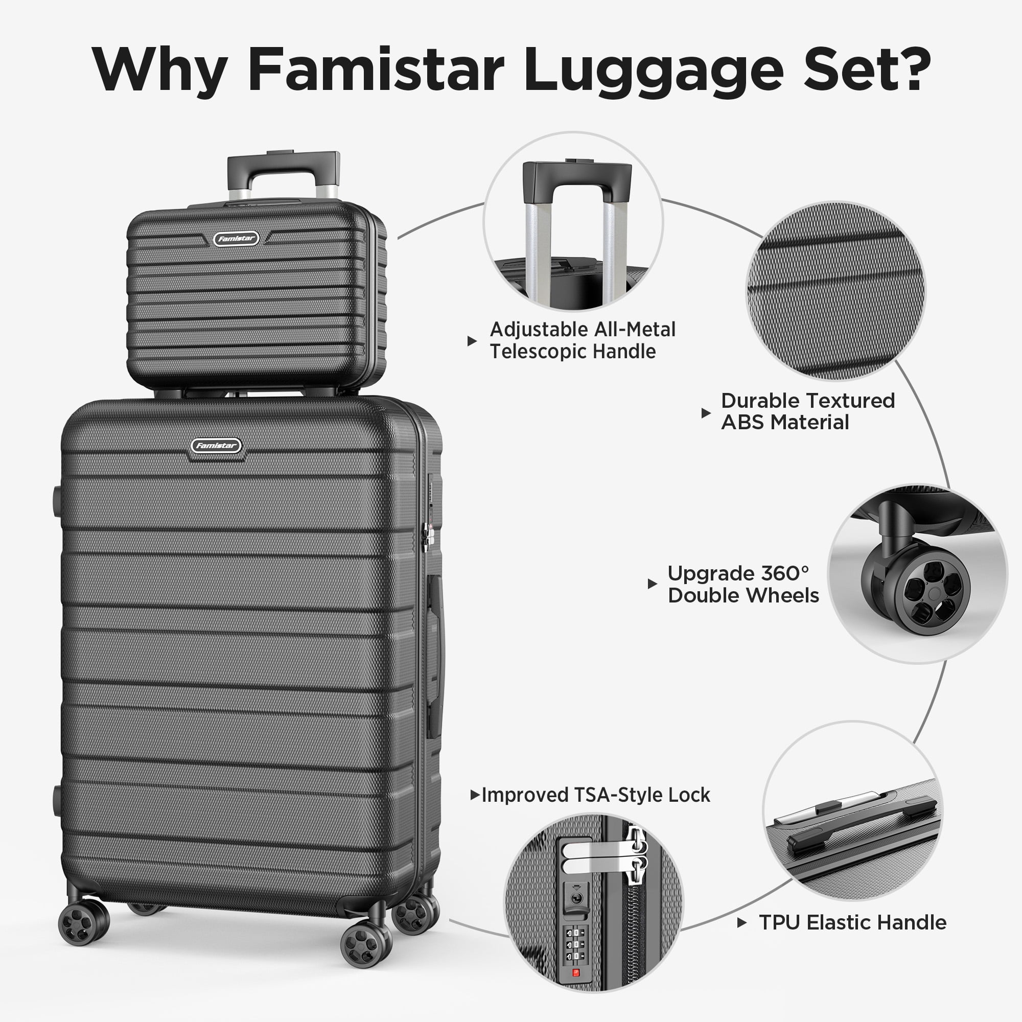 Famistar 11 Piece Hardside Luggage Suitcase Set with 360- Double Spinner Wheels TSA Style Lock, 14- Travel Case, 20" Carry-On Luggage, 24" Checked Luggage and 28" Checked Luggage, Black - Image 10