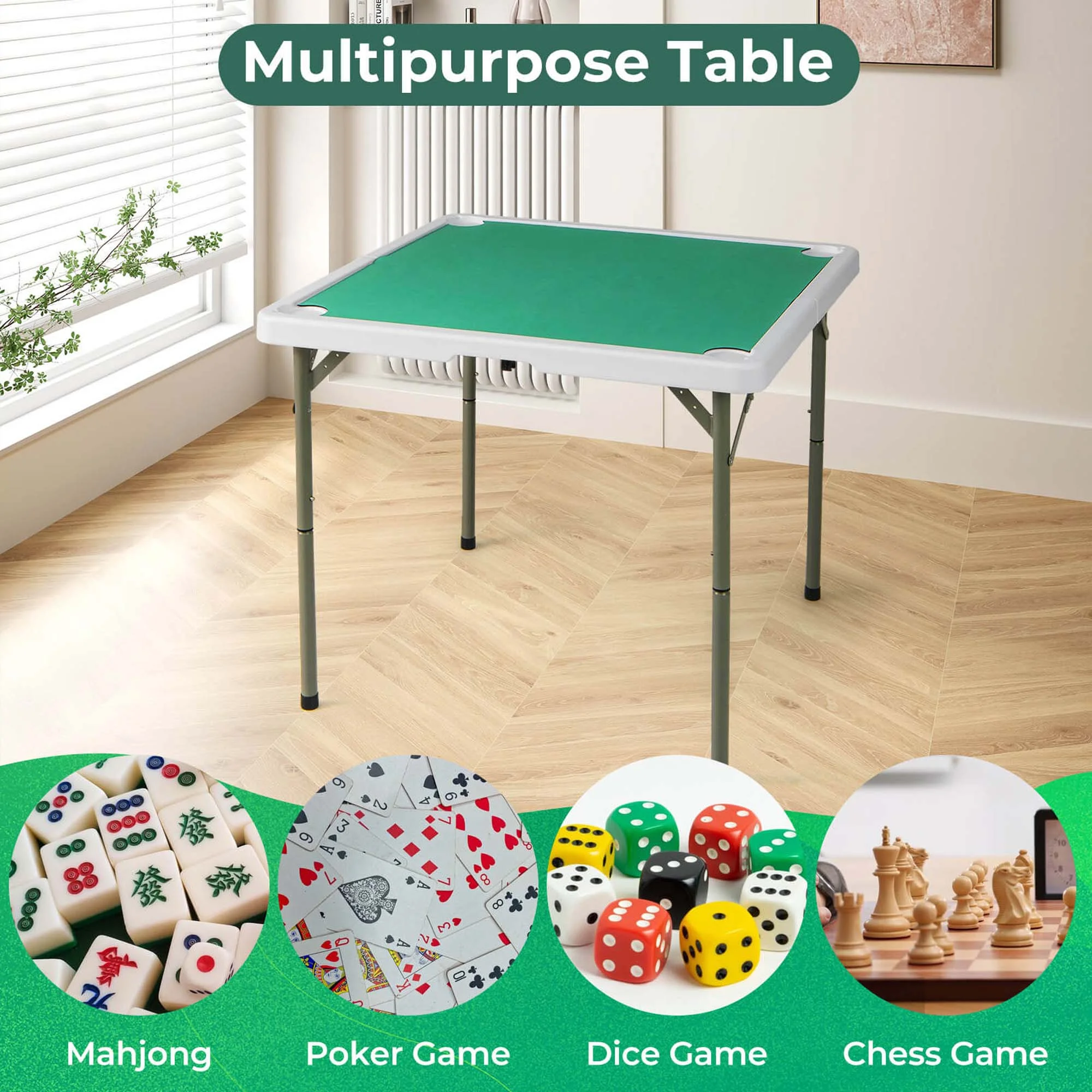 Costway 35" Folding Mahjong Table with Cup Holders & Smooth Felt Mat Carrying Handle Green - Image 6