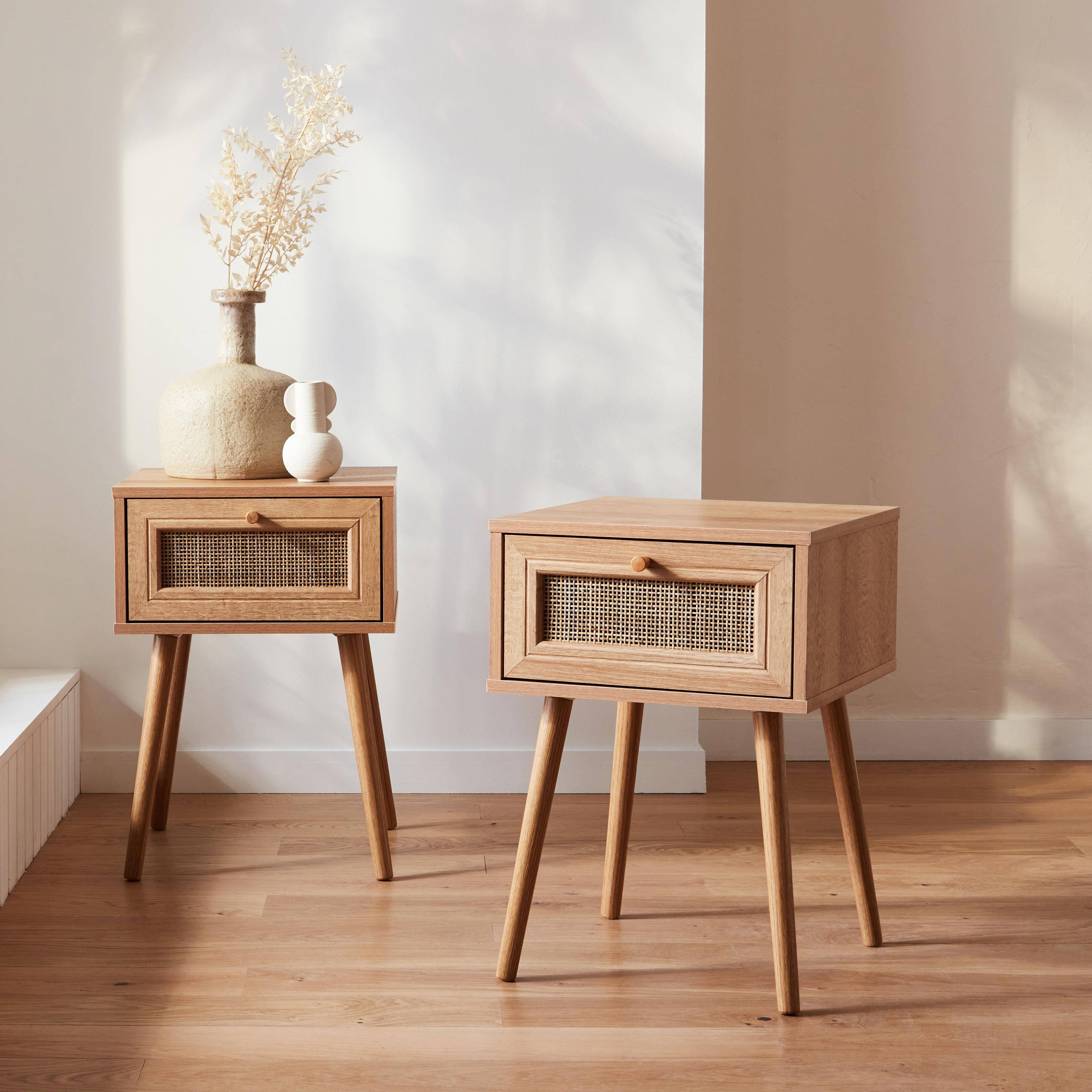 Boheme - Mesita de noche de 1 cajón con efecto madera y caña, set de 2