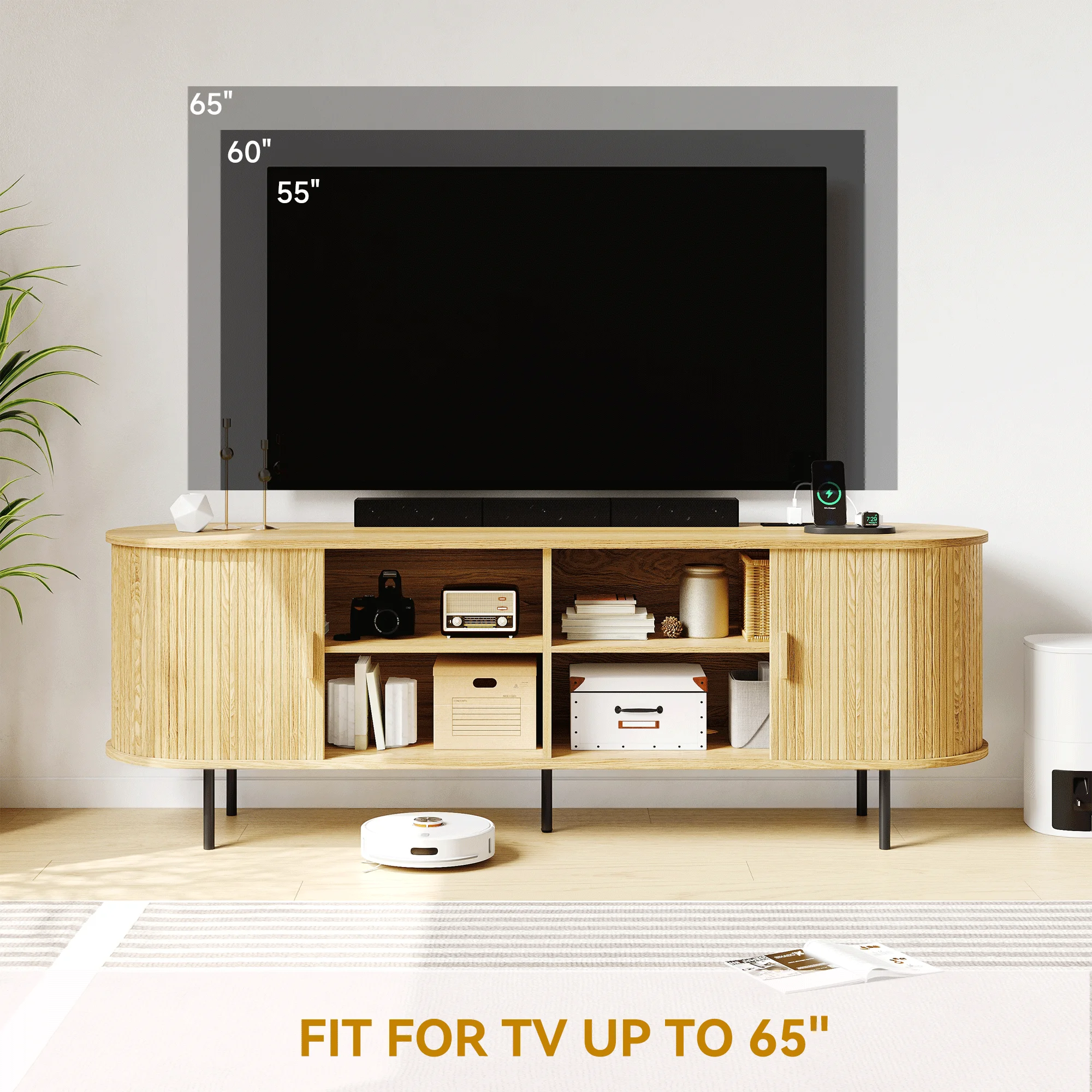 MARNUR 63" TV Stand for 70" TV, Wood Entertainment Center with Storage and Shelves, 2 Sliding Tambour Doors, Mid-Century Modern, Walnut - Image 18