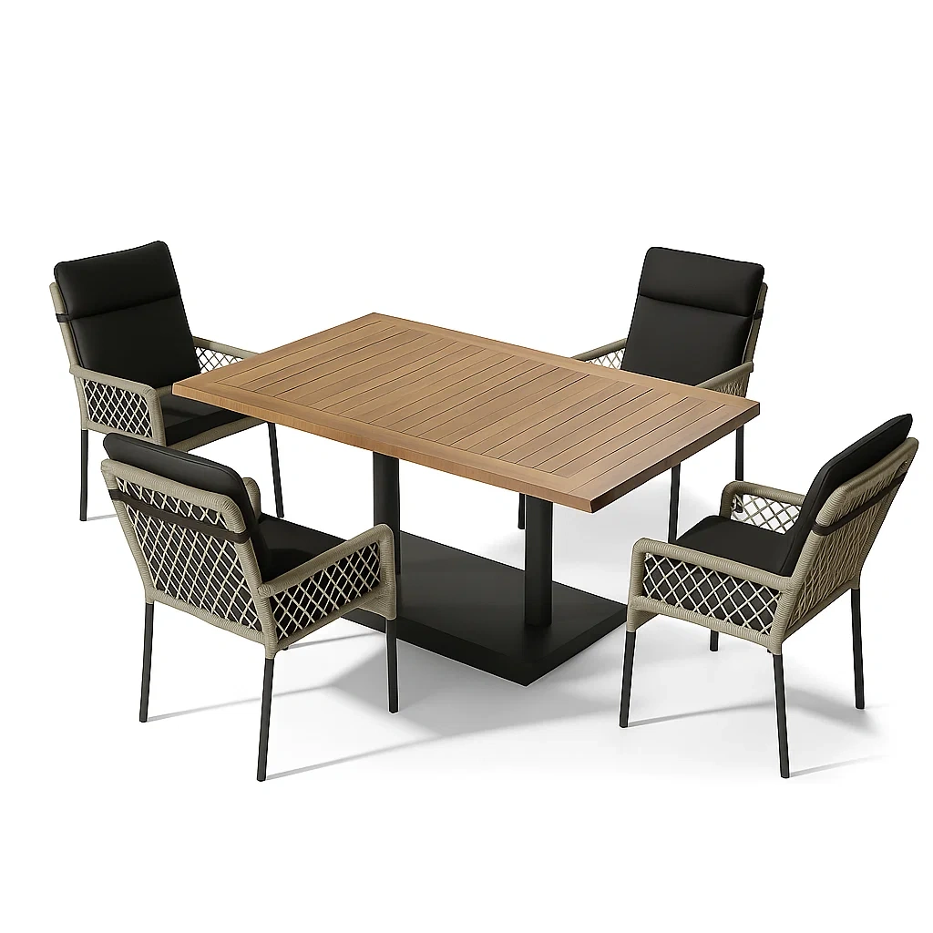 Conjunto de comedor de jardín para 4 personas, Estructura metálica y madera, 4 sillas con cojín, 1 mesa rectangular, Beige y negro - rNlyDmn202pL