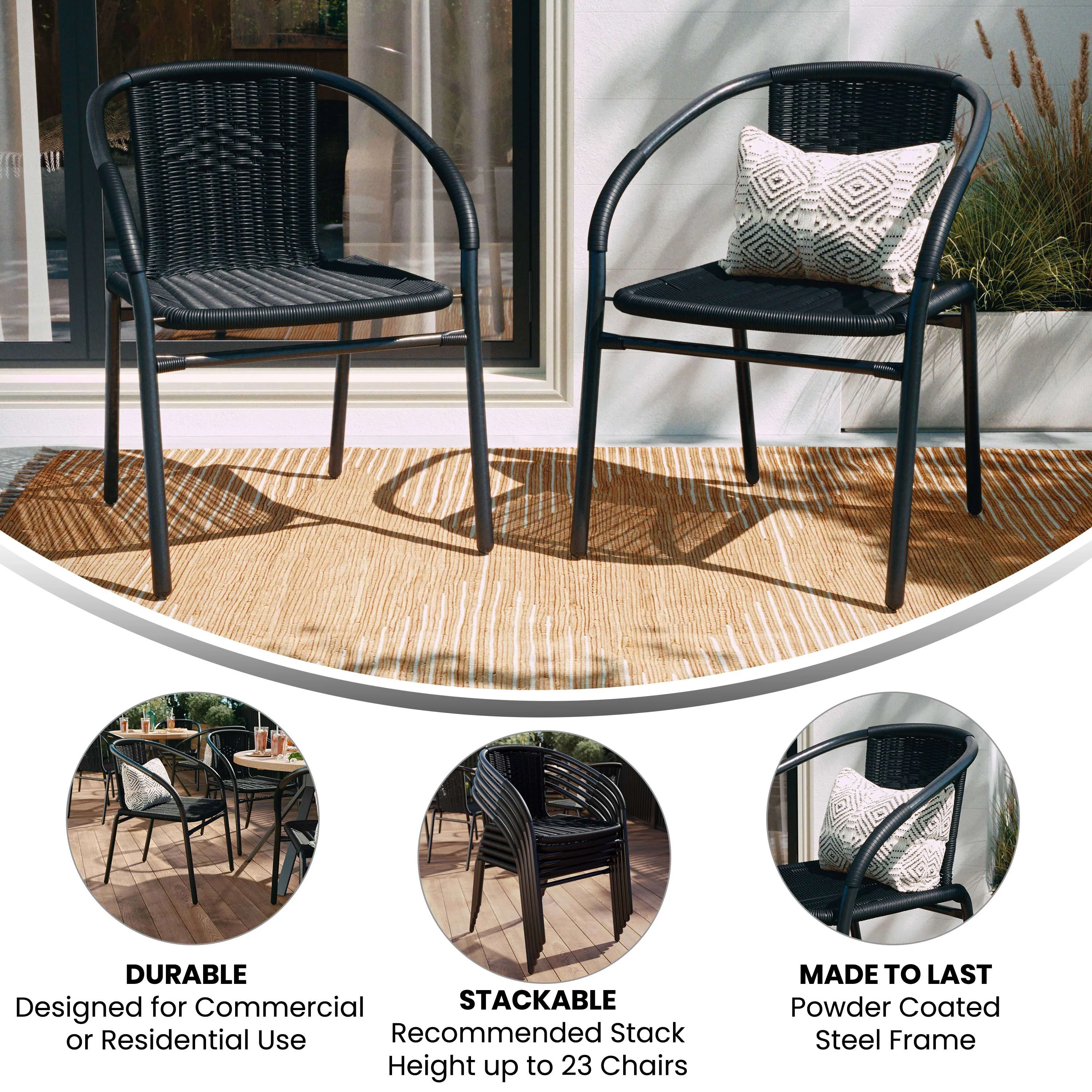 Emma + Oliver Indoor/Outdoor Stacking Rattan Restaurant Patio Chairs, Set of 2, Gray - Image 15