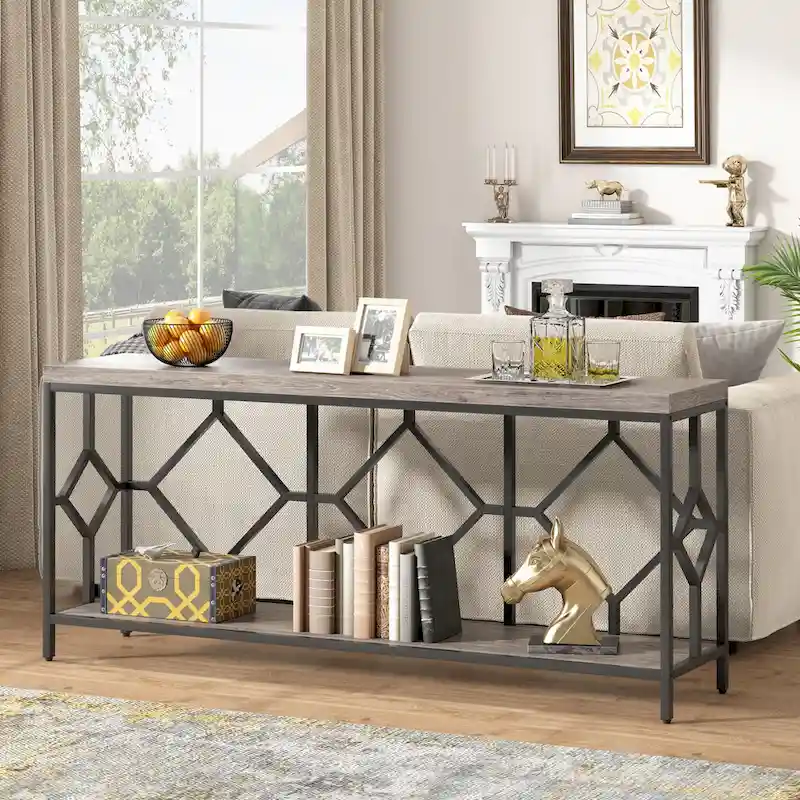 70.9-Inch Industrial Sofa Console Table with Open Storage Shelf - Extra Long Narrow Entry Table for Behind Couch