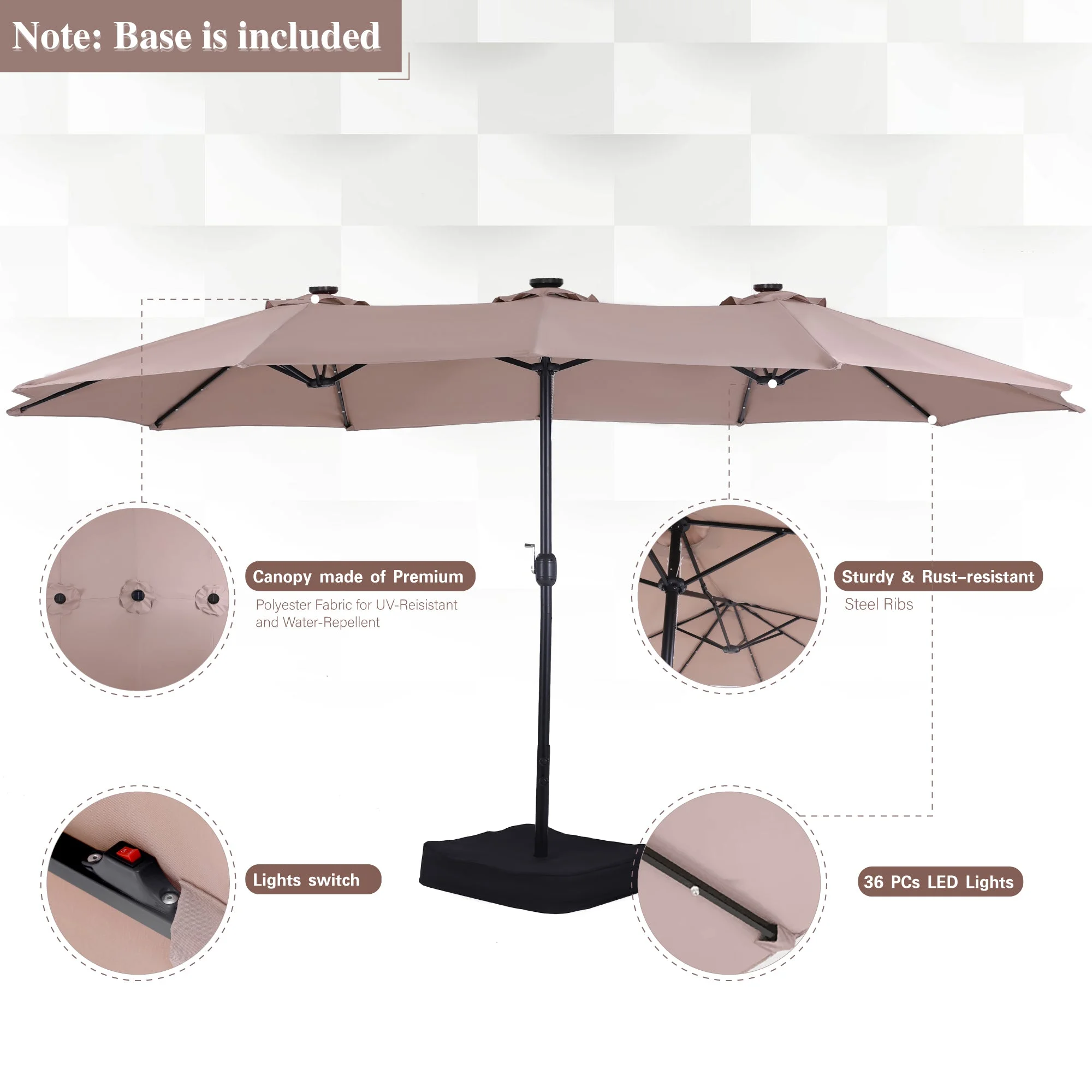 Alpha Joy 15ft Extra Large Outdoor Patio Double-Sided Umbrella with LED Solar Lights & Umbrella Base, Beige - Image 16