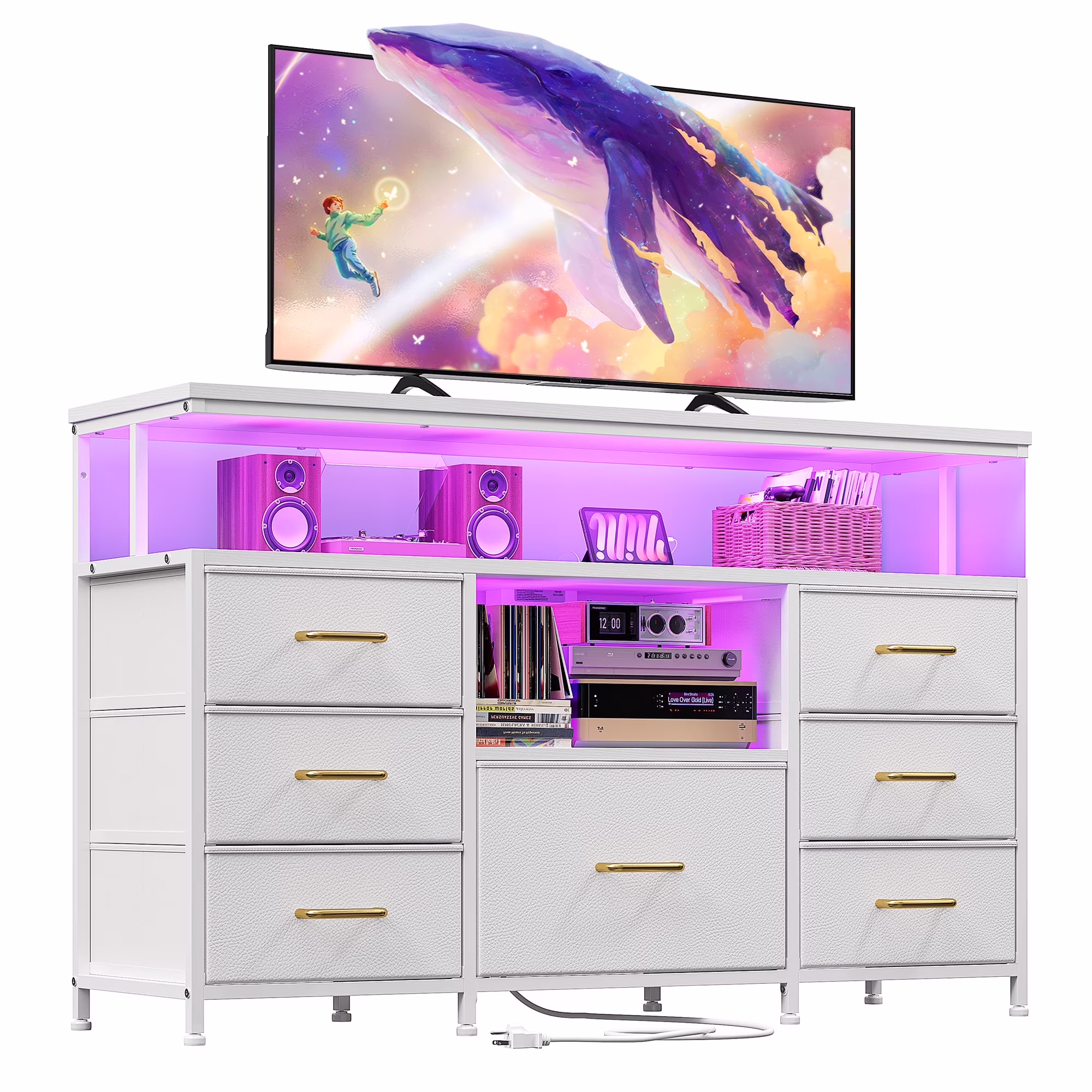 EnHomee Dressers for bedroom TV Stand with Power Outlets &LED Lights Wide Dresser with 10 Drawers&Side Pockets & Hook Fabric Chest of Drawers,Black - Image 6