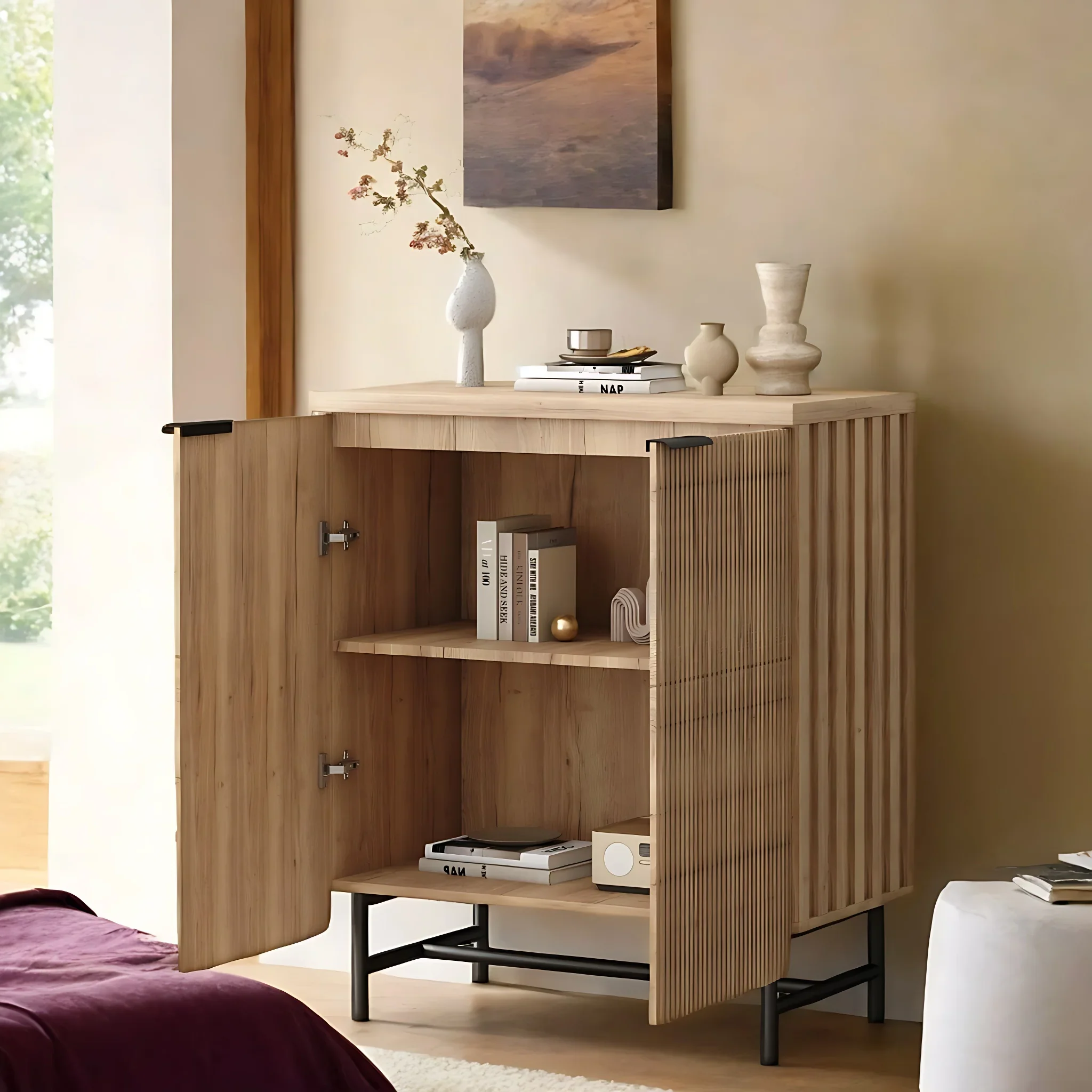Vivvoo 30" Wood Nightstand Fluted Door Accent Cabinet