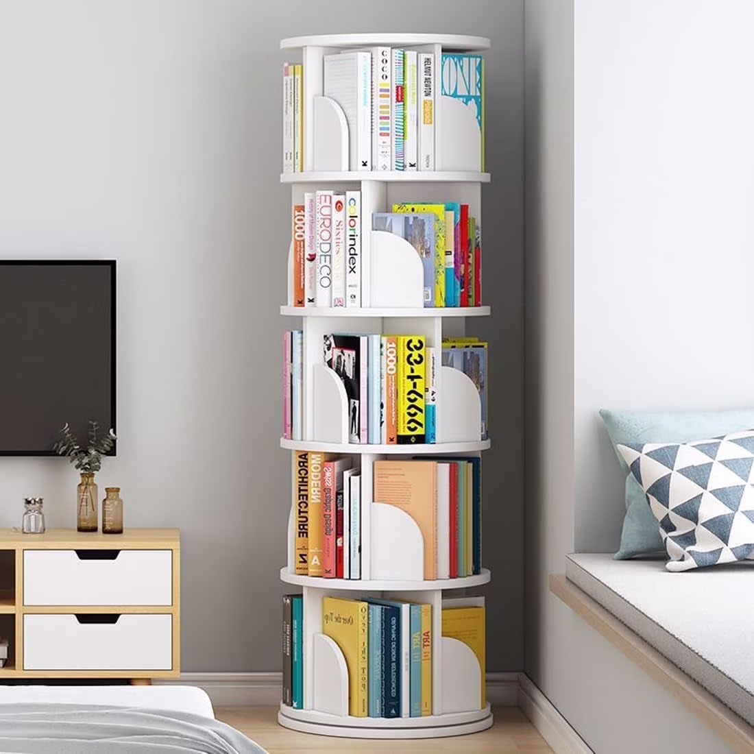 Bimiti 5 Tier Rotating Bookshelf, 360? Revolving Bookcase 20 Shelves Floor - Standing Storage Display Rack - White 63"x18"x18", Adult(White)