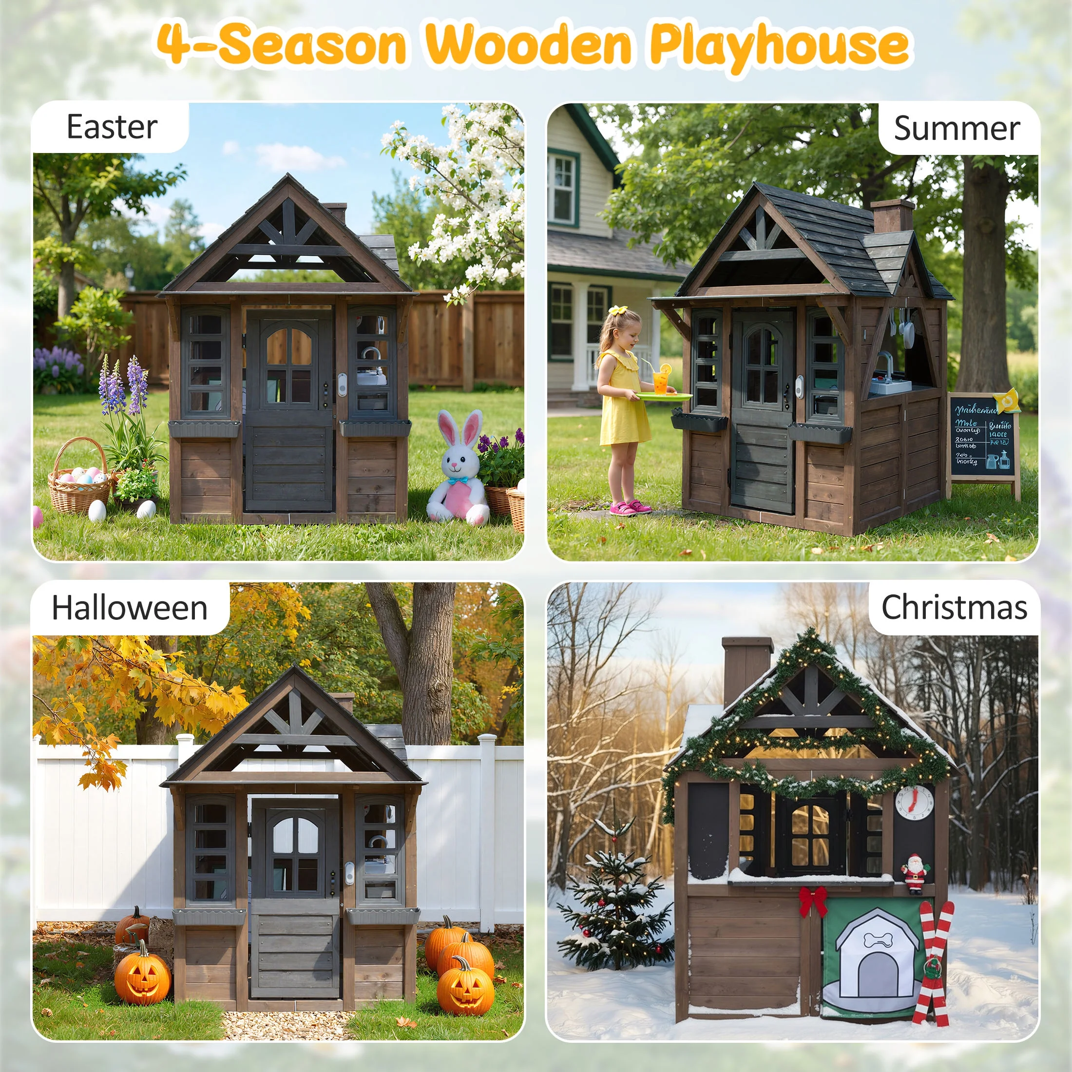 COCLUB Outdoor Playhouse for Kids Ages 4-8, Wooden Play House with Doorbell, Phone, Kitchen Toys, Outdoor Kids Play Equipment, Casa Para Ni?as (45-L x 65-H), White & Black - Image 26