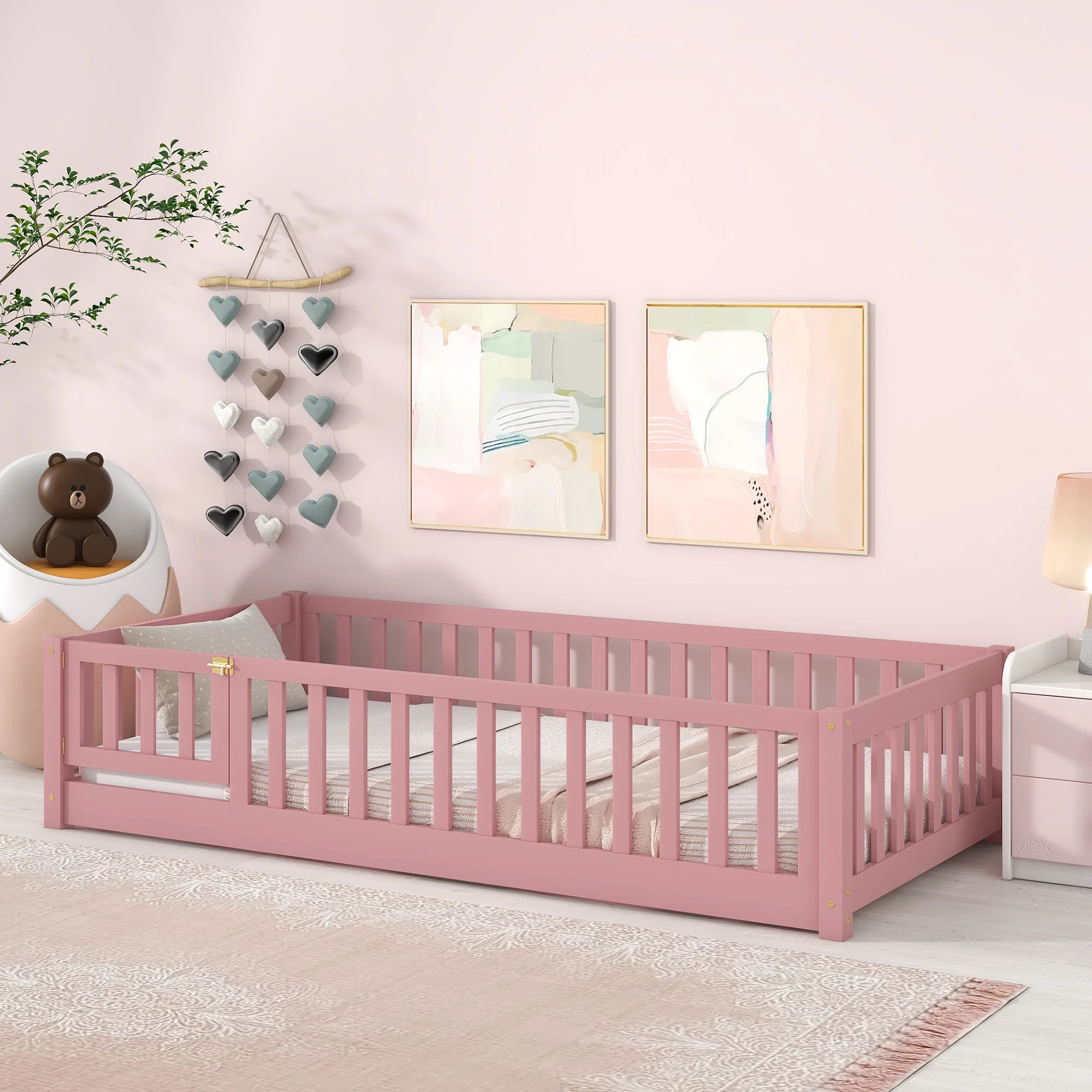 UHOMEPRO Twin Size Floor Bed with Door and Fence, Montessori Floor Bed with Slats and Safety Guardrails, Solid Wood Twin Bed Frame for Bedroom, White - Image 42