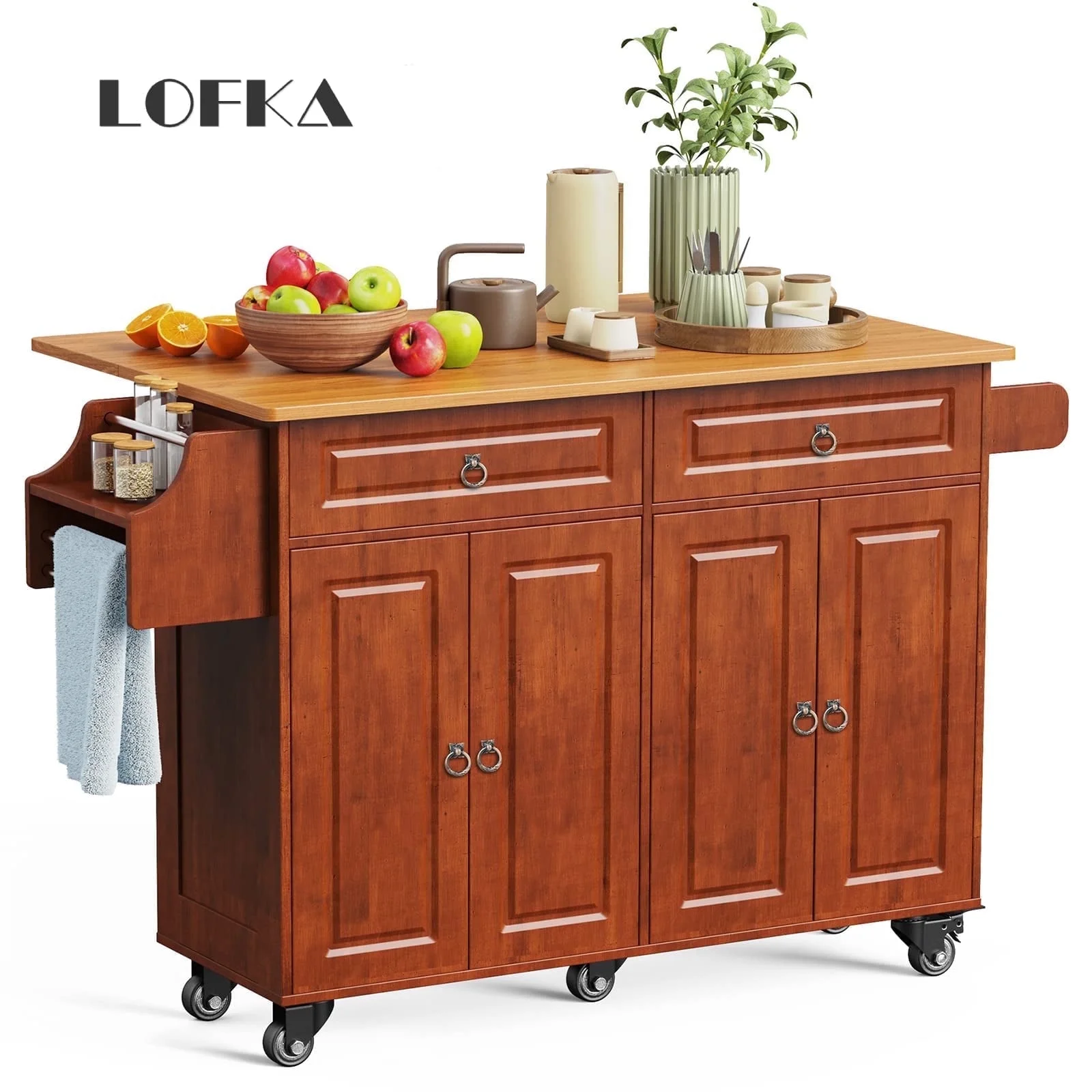 Lofka 52-Inch Kitchen Island with Storage on Wheels with Wood Drop Leaf, Ideal for Small Kitchens - Image 24
