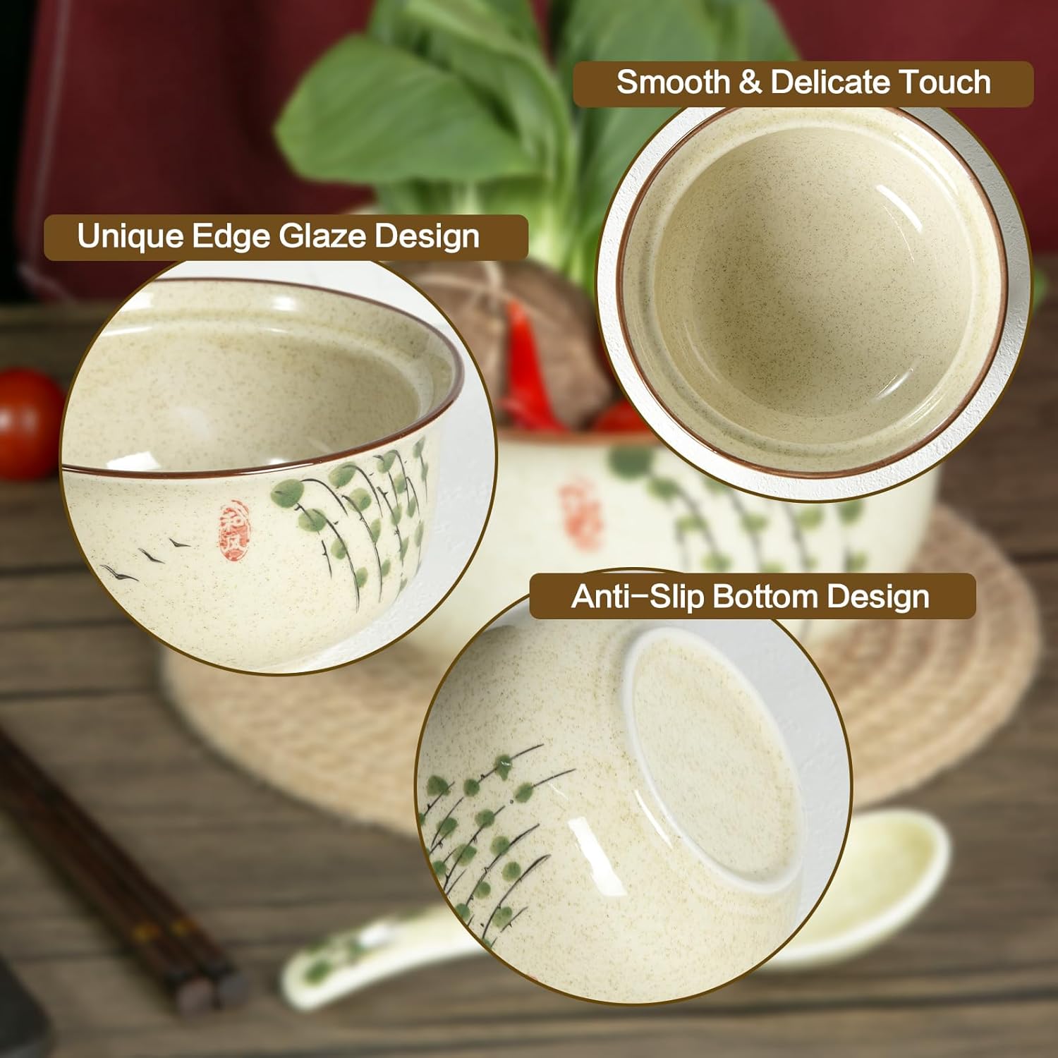 Ceramic Ramen Bowl Set of 2, Ramen Noodle Bowl with Lid 27oz Japanese Retro Style Soup, Pho, Udon Bowls, Matching Spoons and Chopsticks for Microwave & Dishwasher Safe, Twig