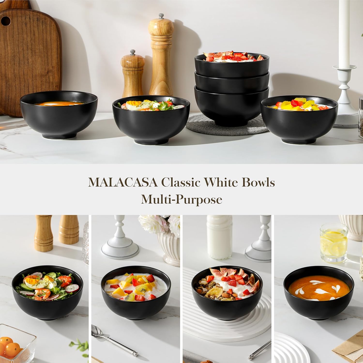 MALACASA 26 Qz Porcelain Soup Bowls, White Ceramic Cereal Bowls for Kitchen 6 inch Bowls Set of 6 for Oatmeal Salad Fruit Rice Dishwasher and Microwave Safe, Series Regular