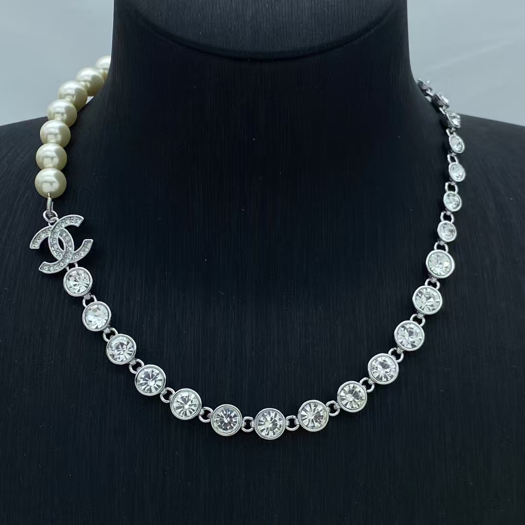 Chanel  Half Diamond Chain and Half Pearl Necklace - Original Replica Club