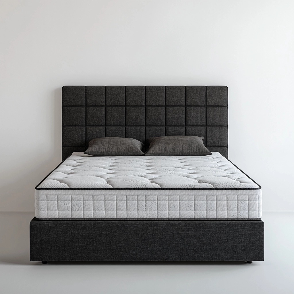 Cama con base tapizada y cabecero acolchado en gris oscuro