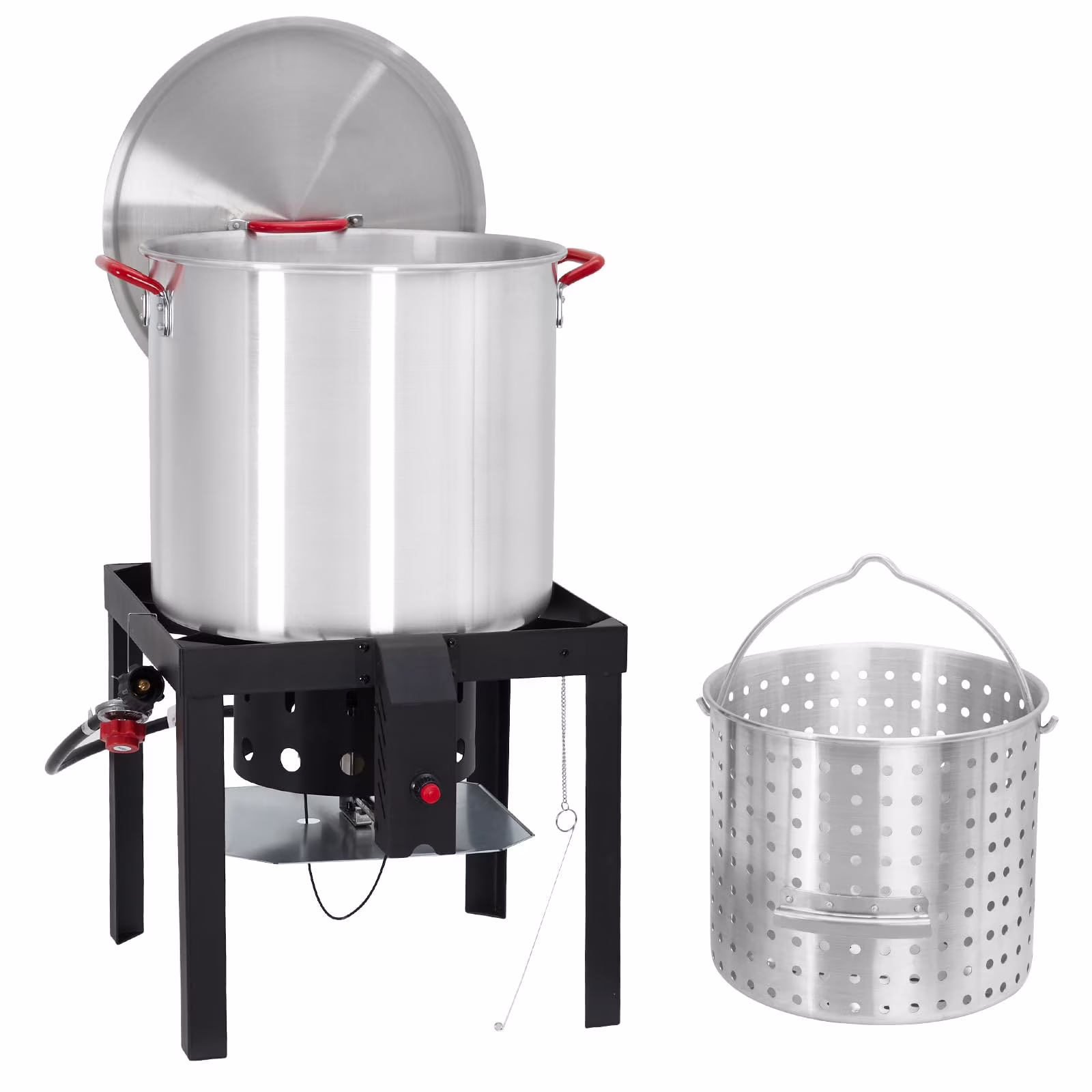 100 Qt Seafood Boil Pot, Aluminum Crawfish Boiler W/Steam/Boil Basket Strainer, 110000 BTU Propane Stove Burner with Lifting Hook, 10 PSI Regulator, Outdoor Cooking Shrimp Crab Boiler Seafood Boiler(Silver)