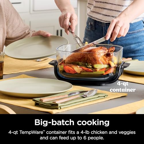 4 in 1 Portable Glass Air Fryer Cooking System, 4QT & 6 Cup Glass Containers with Storage Lids, Easy Meals, Microwave, Freezer & Dishwasher Safe, Air Fry, Bake & More, Cyberspace, FN101GY