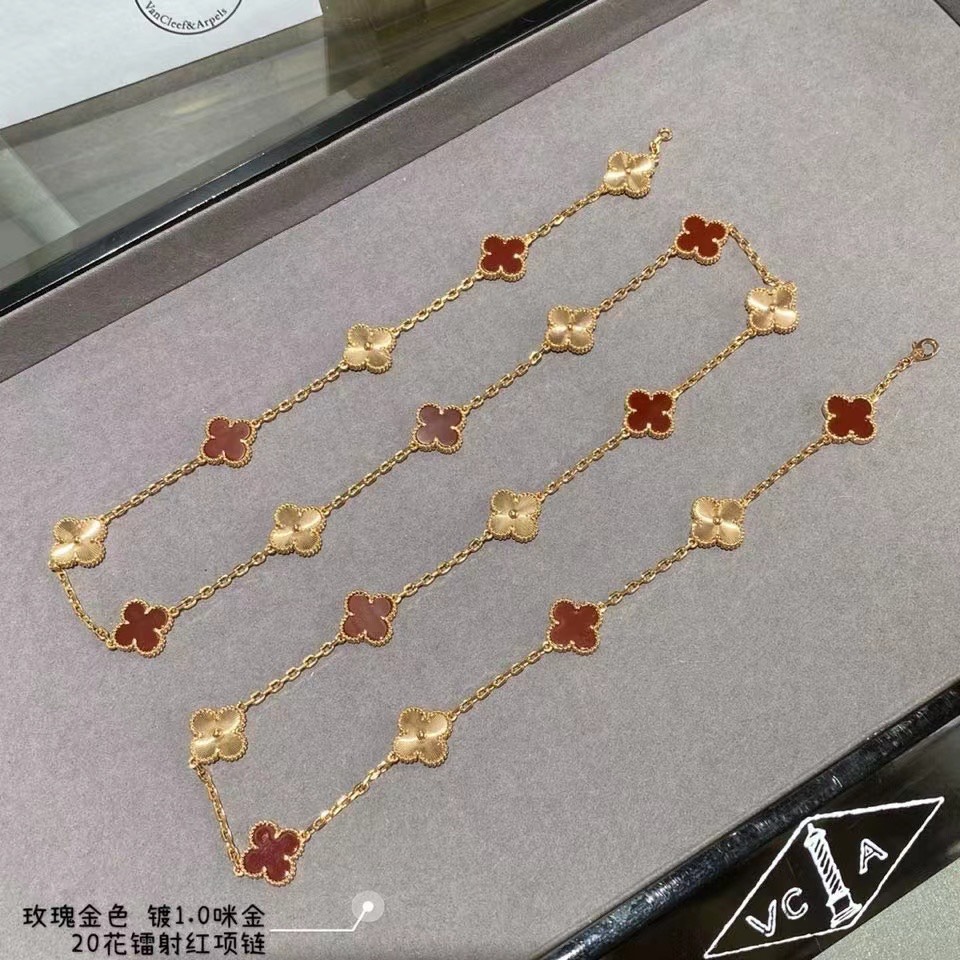 VCA Vintage Alhambra Rose Gold Mixed Carnelian Clover Long Necklace - Original Replica Club