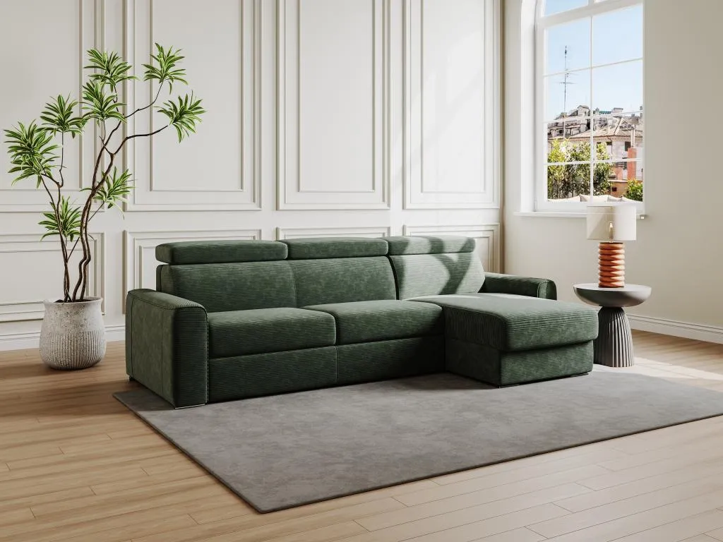 Sofá cama esquinero reversible tipo italiano de pana verde - Colchón con láminas anchas de 160 cm - Colchón de 14 cm - Alkifurniturees YETM05584