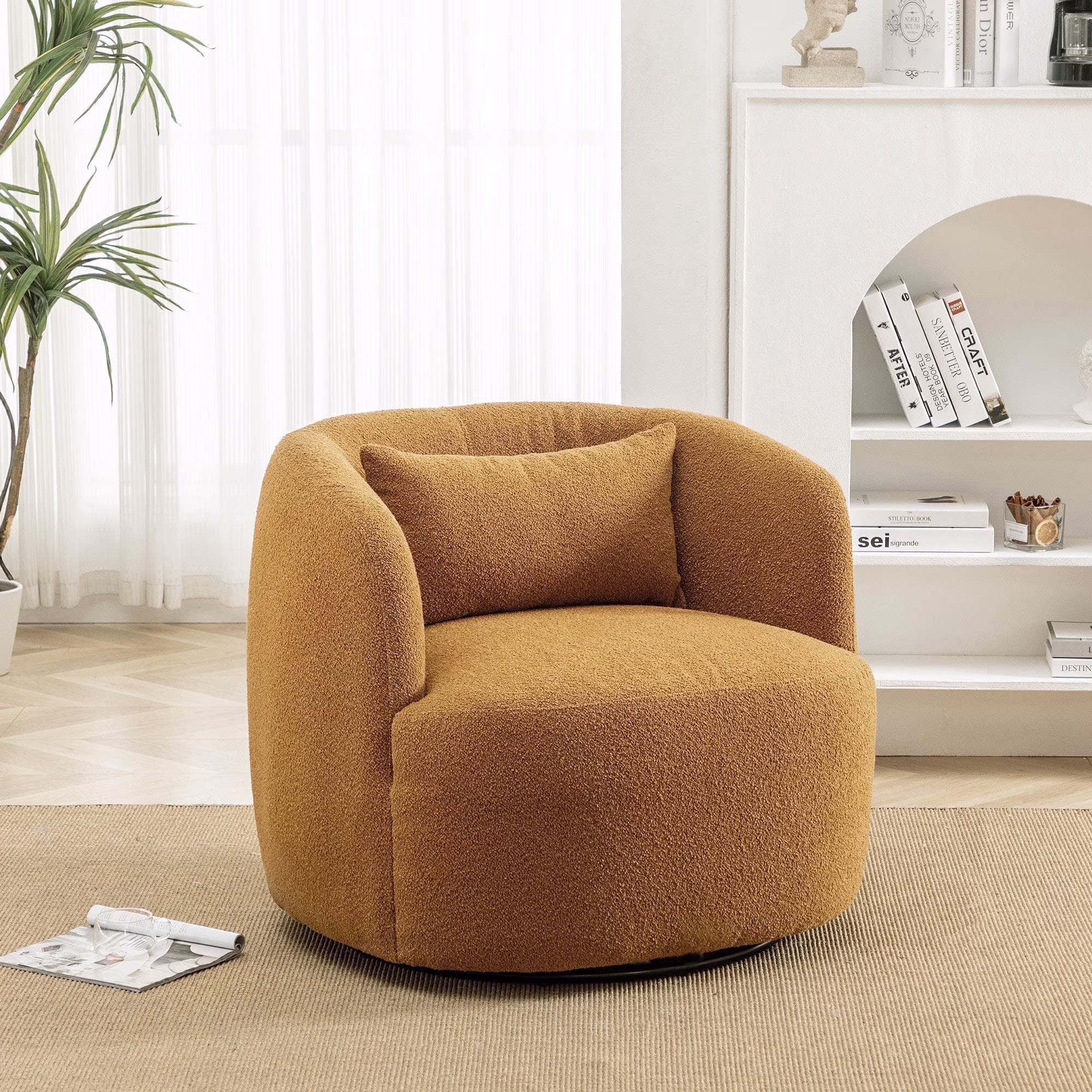 34" Wide Boucle Swivel Barrel Chair, No Assembly Round Upholstered Armchair Accent Chair Single Sofa Chair with Toss Pillow for Living Room and Bedroom, Taupe - Image 12