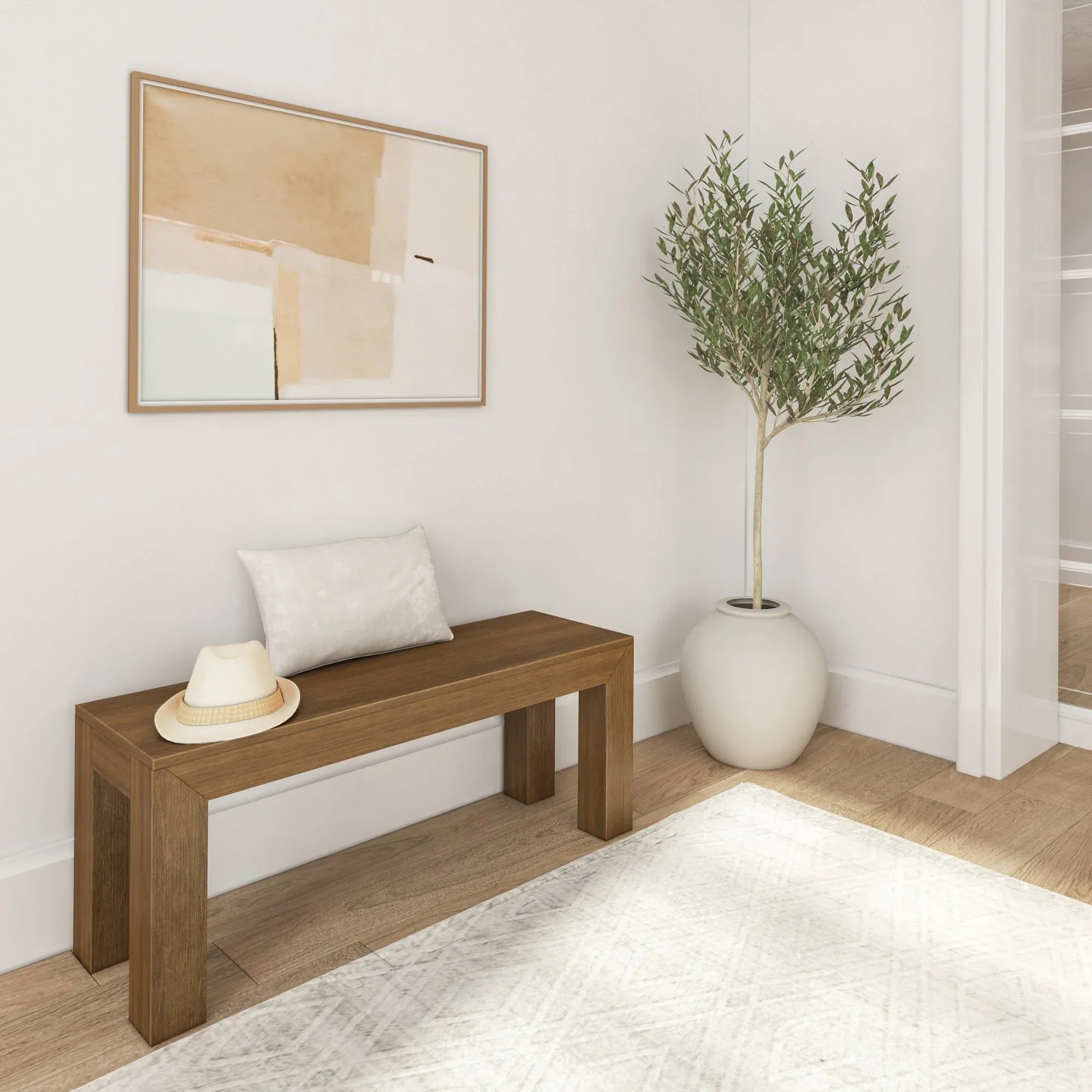 Plank+Beam Modern Dining Bench, Solid Wood Bench for Dining Table, 49", Blonde Wirebrush