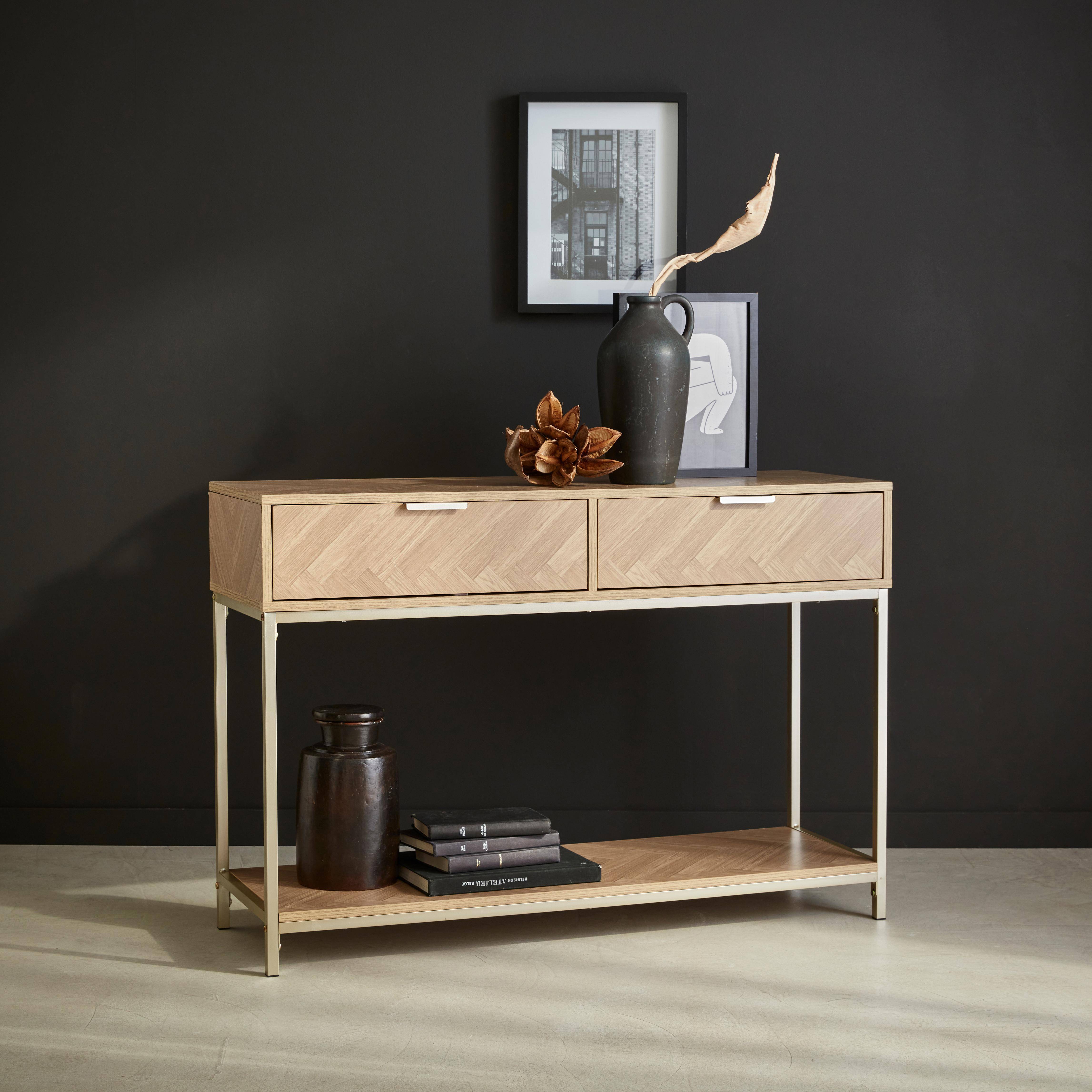 Budapest - Consola de madera con efecto espiga y 2 cajones, 110cm