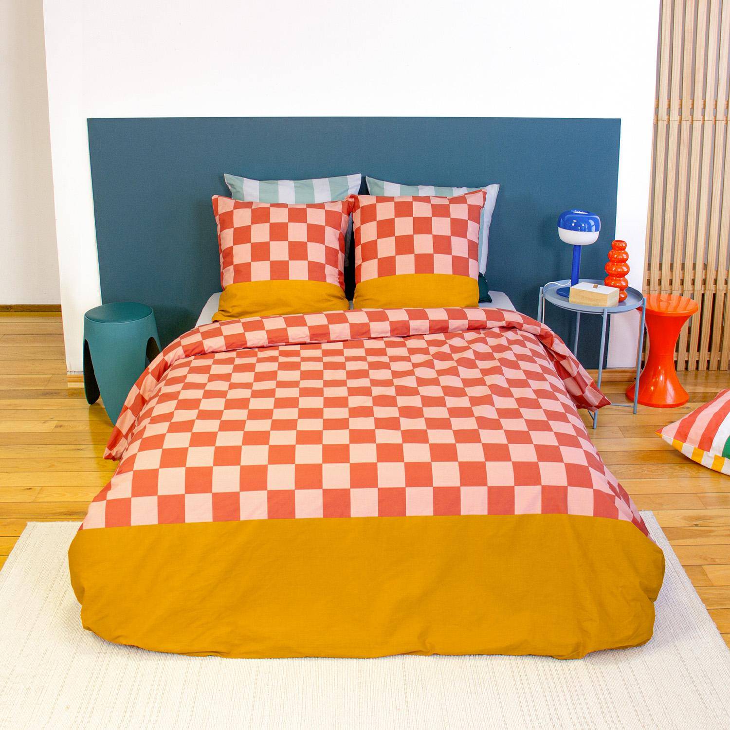 Futuna - Juego de cama de algodón con estampado de damero, 2 plazas rojo y naranja