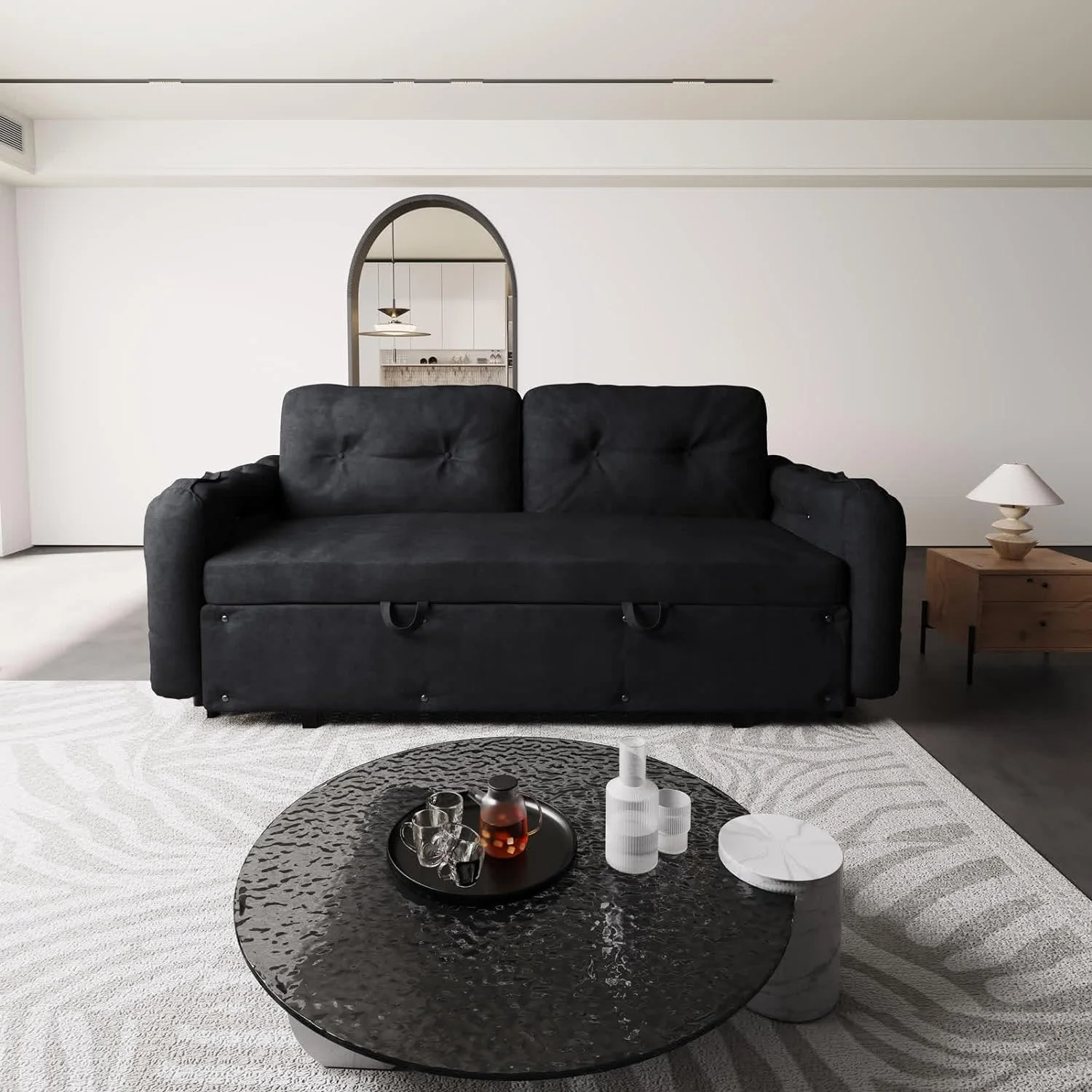 Tabaray 63.8" Futon Sofa Bed Queen Size, Pull Out Bed, 3-in-1 Convertible Sleeper Sofa with Side Pocket, Modern Plush Velvet Futon Couch for Living Room, Small Space, Apartment, Bedroom, Black - Image 70