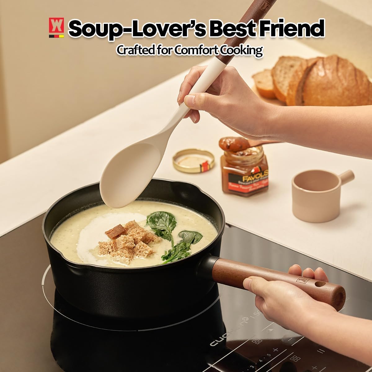 WAGENSTEIGER Aluminum Saucepan with Titanium Coated Non-Stick Surface, 7-Layer Coating With Zelkova Wooden Handle, For Professional Chef & Home Cook, Made in Korea (14.76