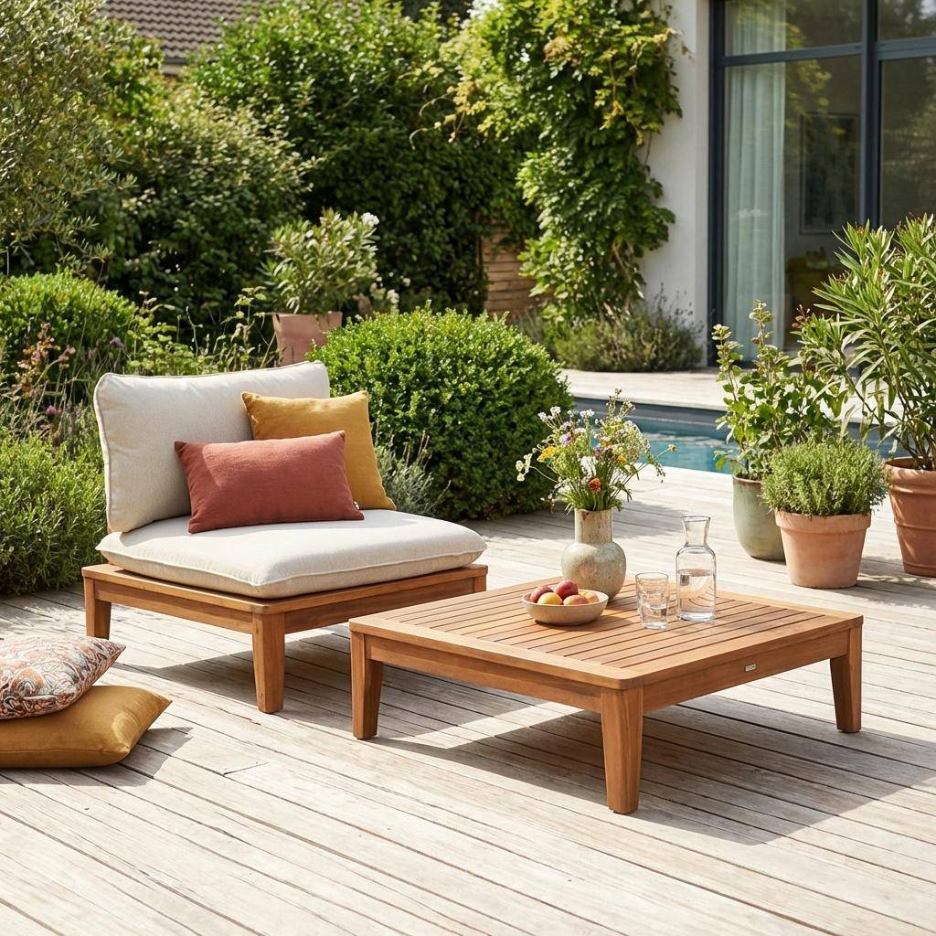 Yona borreguito - Sillón de jardín con mesa baja de madera de acacia y borreguito