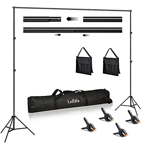 Lidlife Adjustable Photography Backdrop Stand Kit, 6.5 x 10ft - With 4 Spring Clamps, Sand Bag And Carry Bag