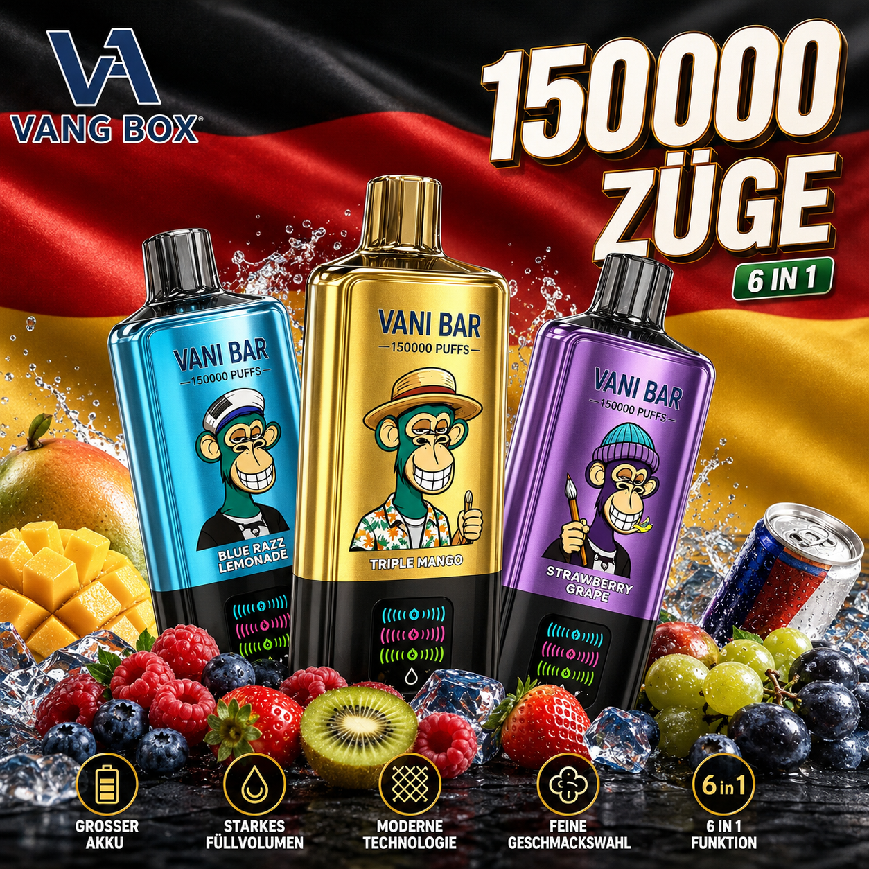 Vani Bar Mega E-Shisha 150.000 Züge (6-in-1) – Wiederaufladbare Einweg Vape mit Smart Display
