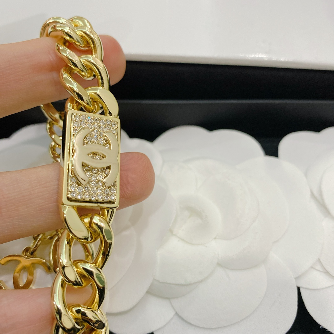 Chanel Gold Chunky Cuban Chain Rectangle Tag Bracelet - Original Replica Club