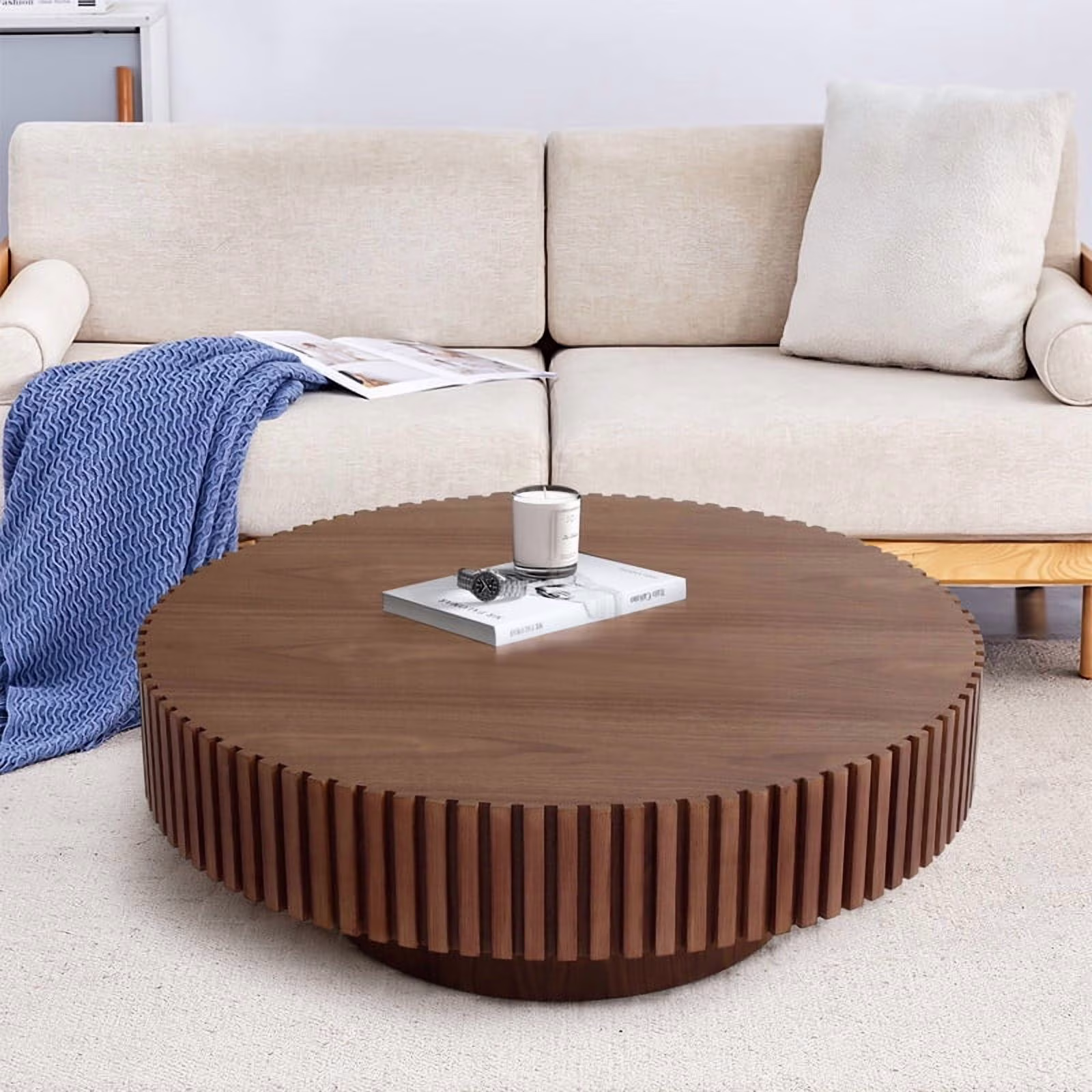 FFH 43.7 inch Oval Coffee Table for Living Room,Handcraft Rustic Corner Coffee Table Nature Wood Relief Sturdy Pedestal for Apartmen,Side Table Centre Table,Nature Wood - Image 5