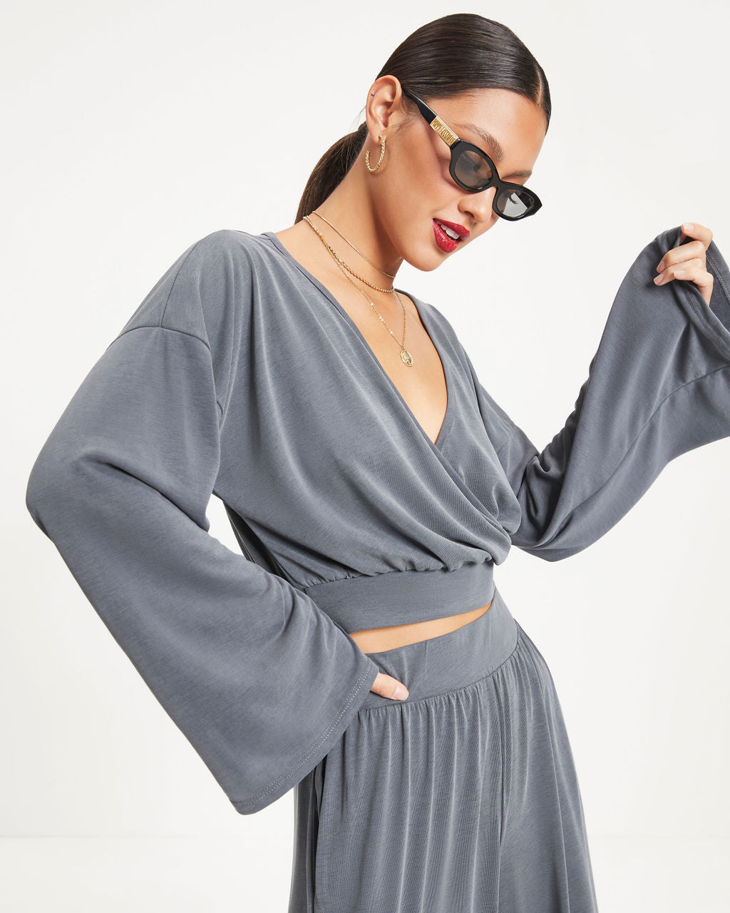 Molly Wide Sleeve Crop Top - Charcoal - Se7enfashion