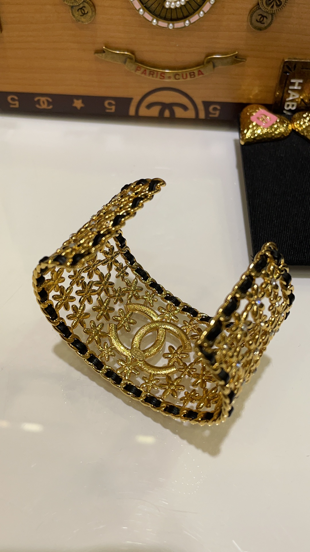 Dainty Chanel 23A Hollow Flower Wide Bracelet Cuff Bangle - Original Replica Club