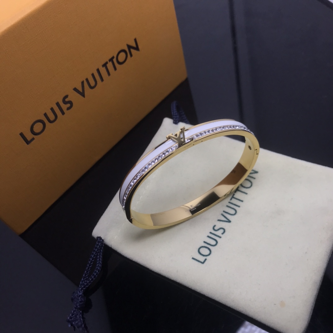 Louis Vuitton White Enamel Diamond LV Bangle Bracelet - Original Replica Club