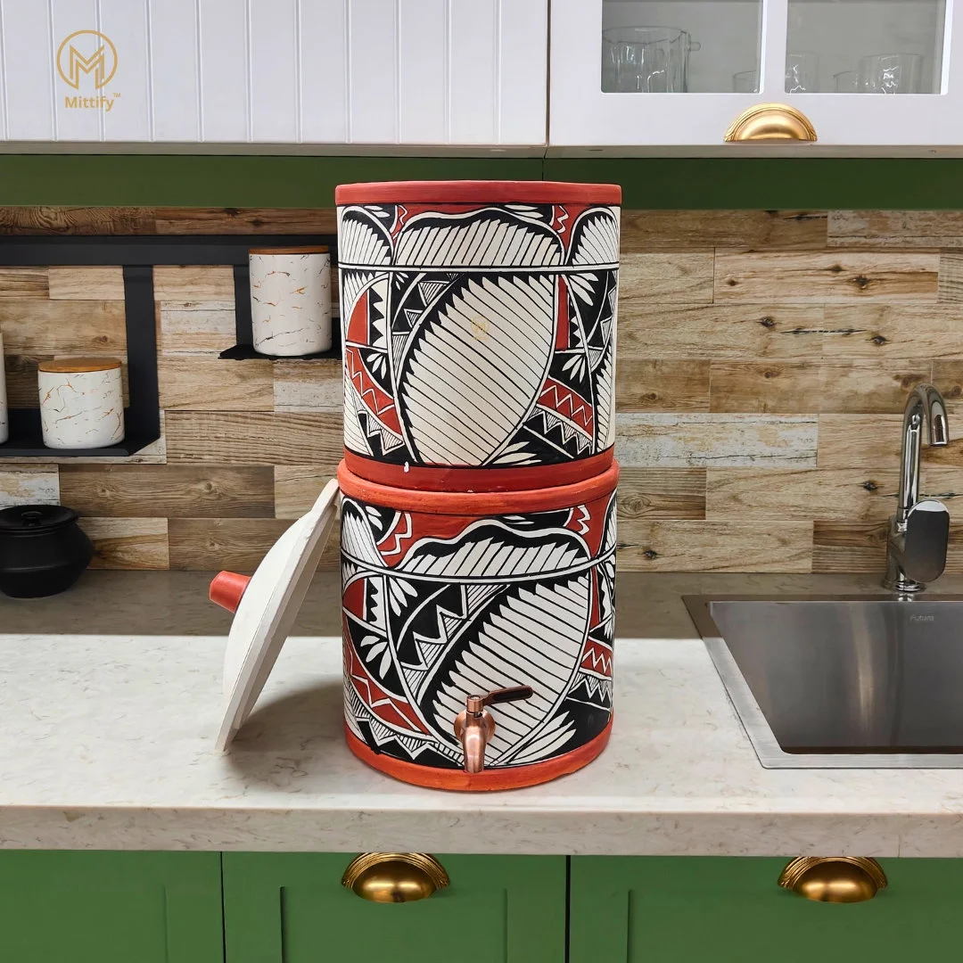Mittify Handmade Clay Water Filter with Lid & Metal Tap | Earthen Harp Design Water Filter | Eco-Friendly Clay Filter (676oz/20L) - Image 3