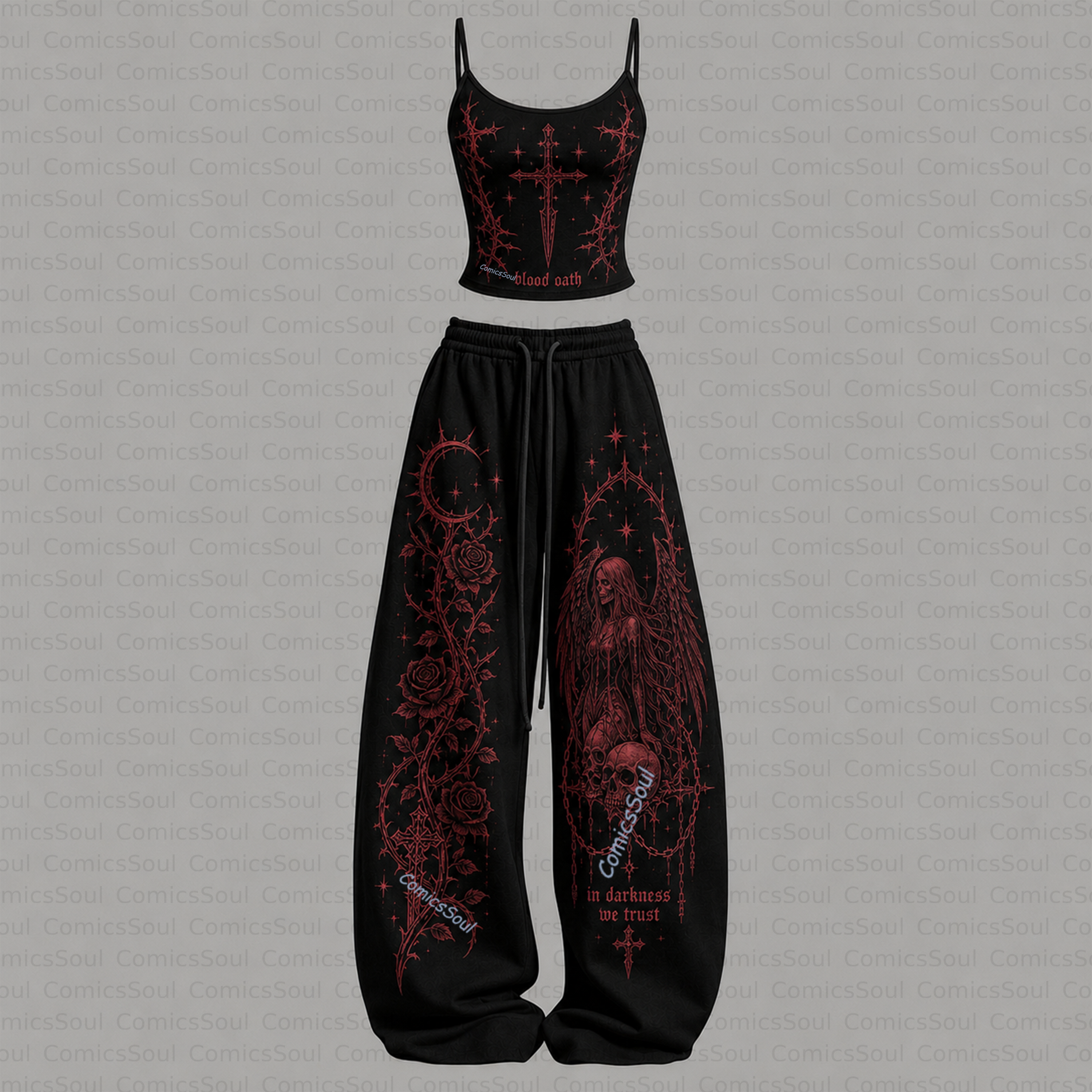 Gothic Heart Top & Elasticated Trousers Two-Piece Set