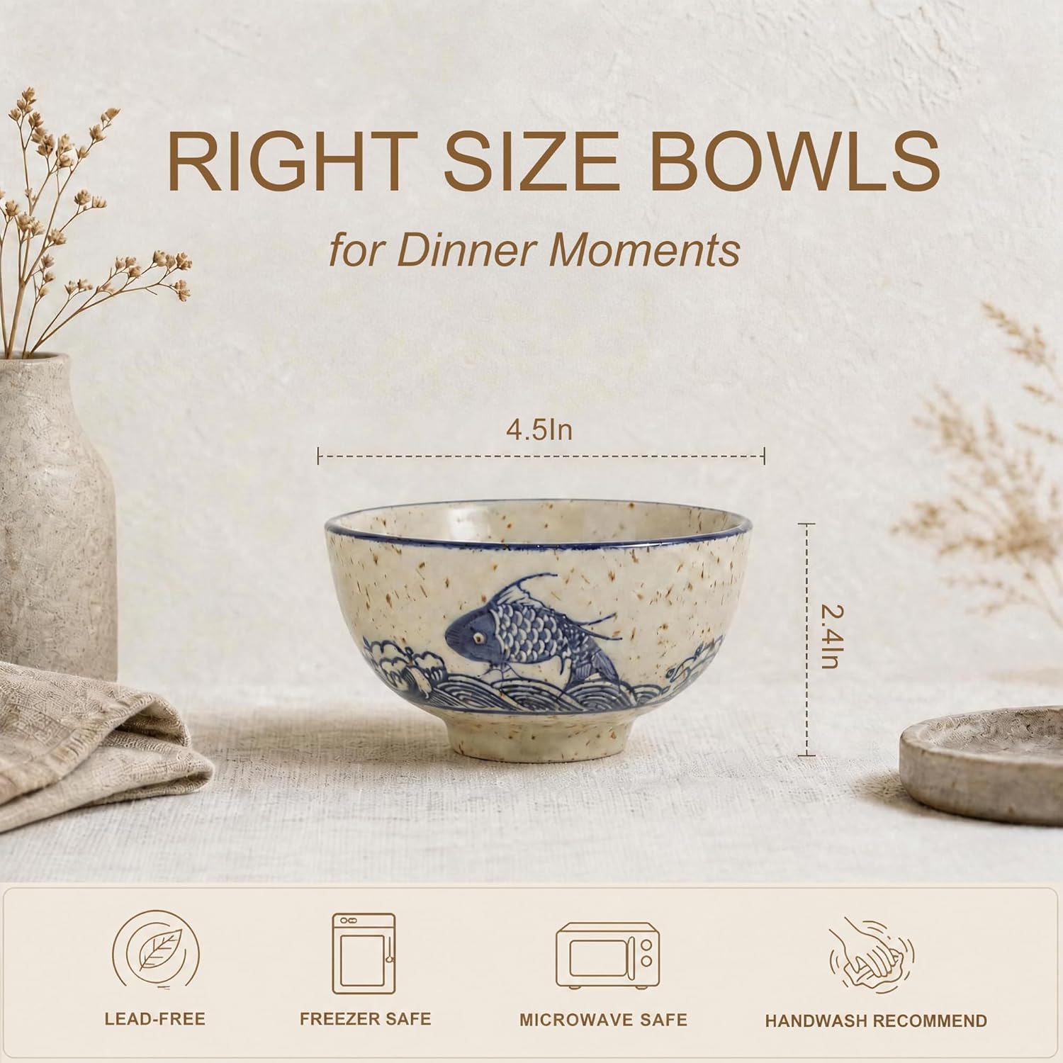 4.5 Inch Japanese Retro Dessert Bowls Set of 6, Ceramic Hand-painted Serving Bowsl Set for Cereal, Salads, Dessert, Ice Cream, Rice, Noodles, Dishwasher Microwave Safe