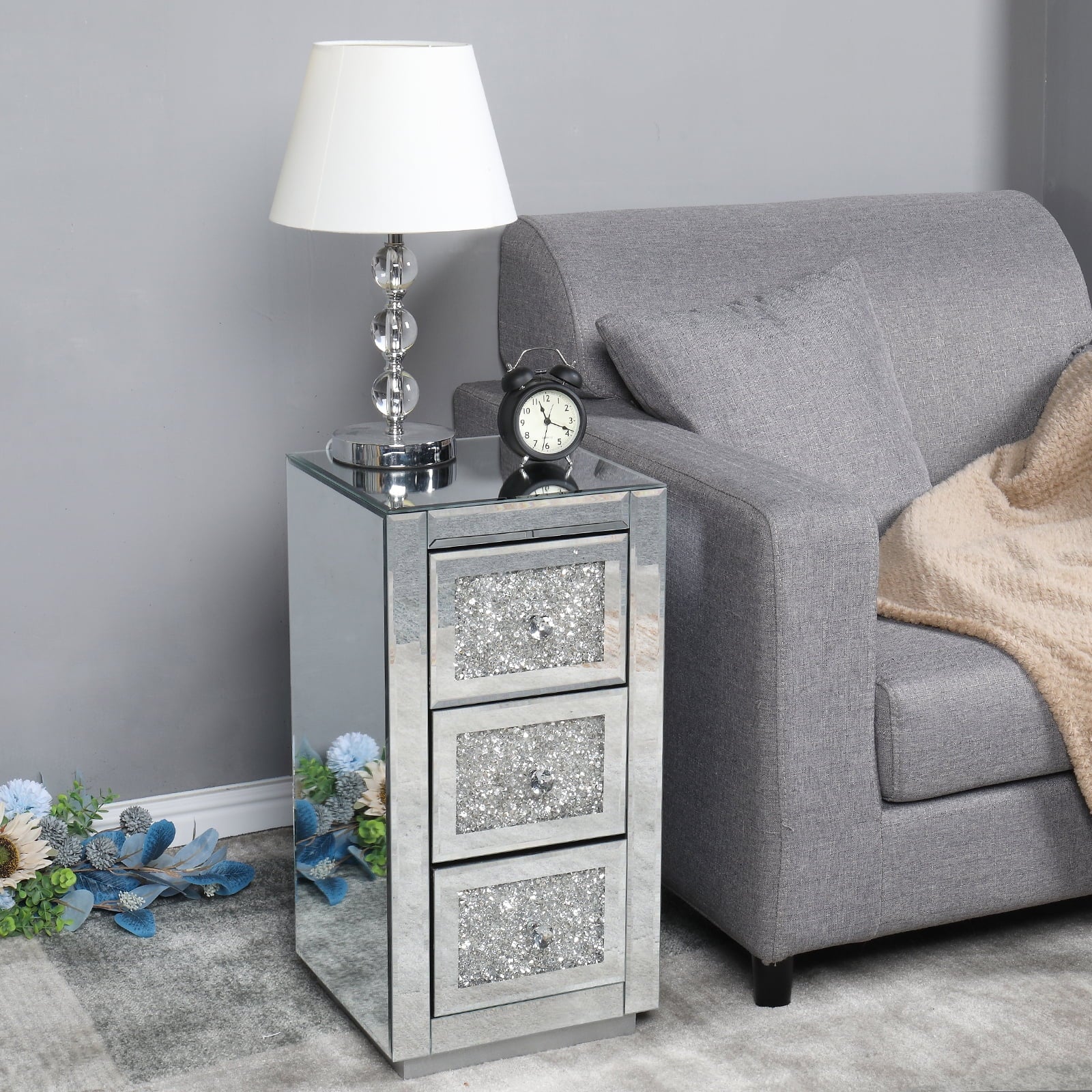 Zimtown Mirrored Glass 3-Drawers Nightstand Bedside Table Storage Bedroom - Image 6