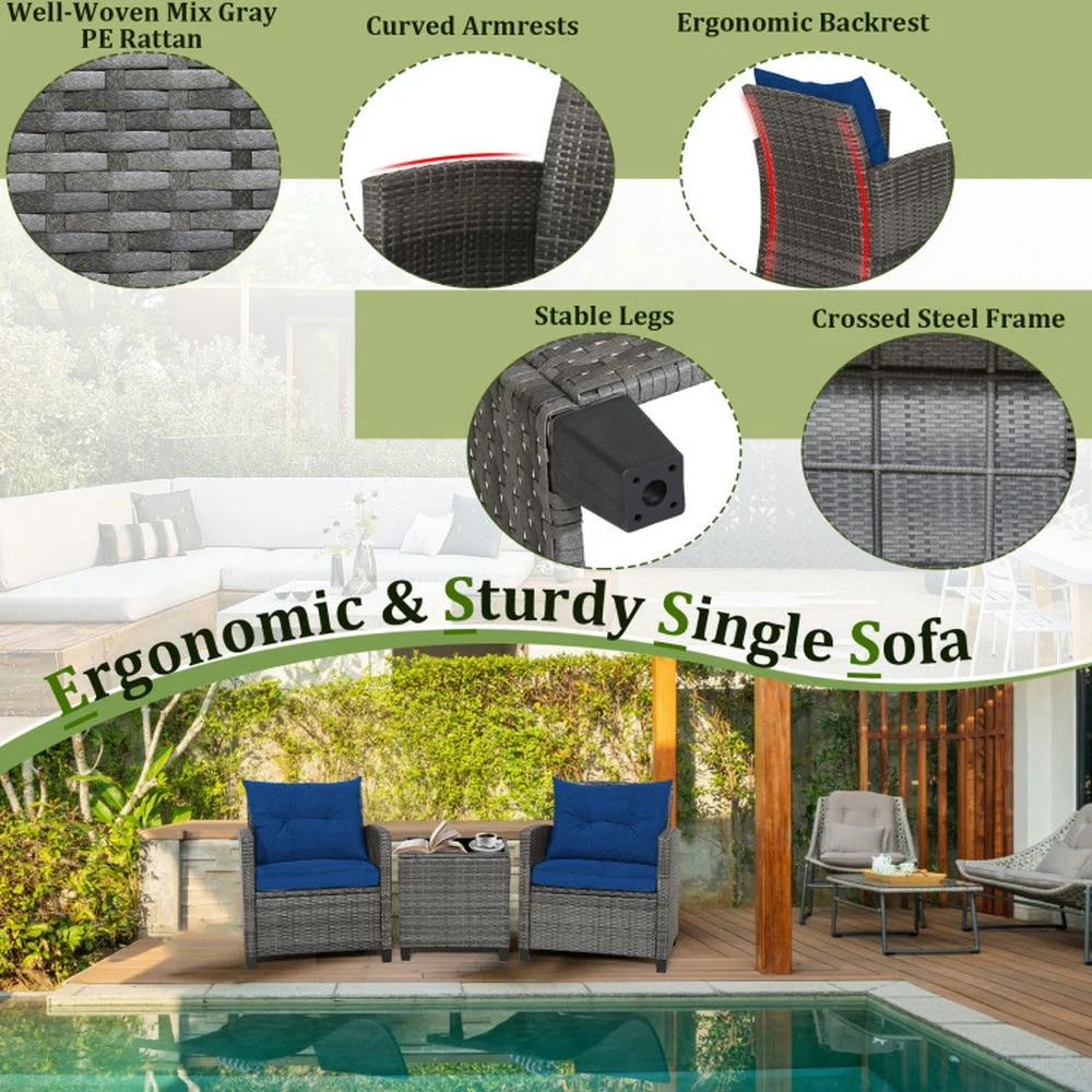 Kadyn Outdoor Seating Sets,Garden Conversation Sets,3 Pieces Outdoor Wicker Conversation Set with Tempered Glass Tabletop-Navy - Image 6