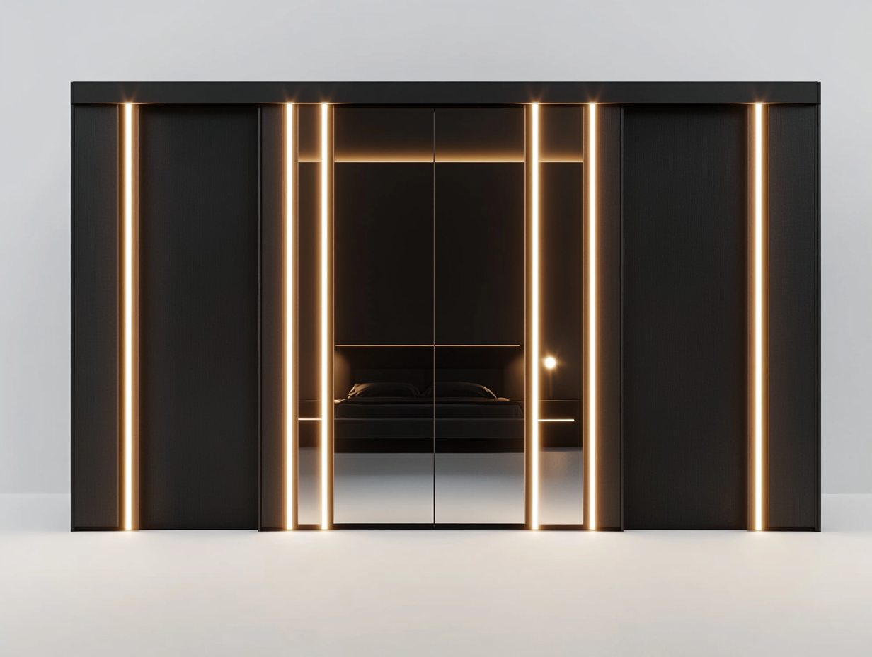 Armario moderno de madera negra con luces LED y diseño elegante para dormitorios