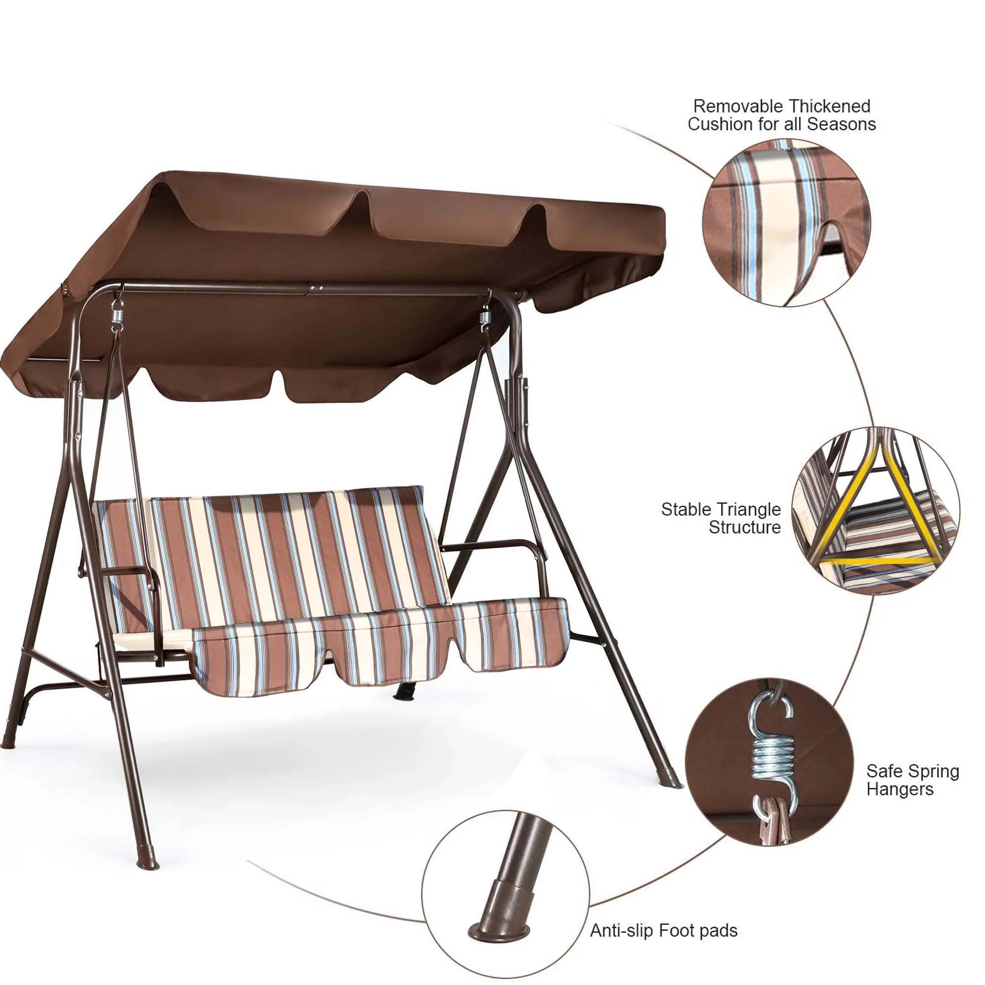 GVDV 3-Seat Steel Porch Paito Swing with Stand,Outdoor Swing Chair with Canopy,Yard swing&Outside swing,Canopy Swing-Brown - Image 20