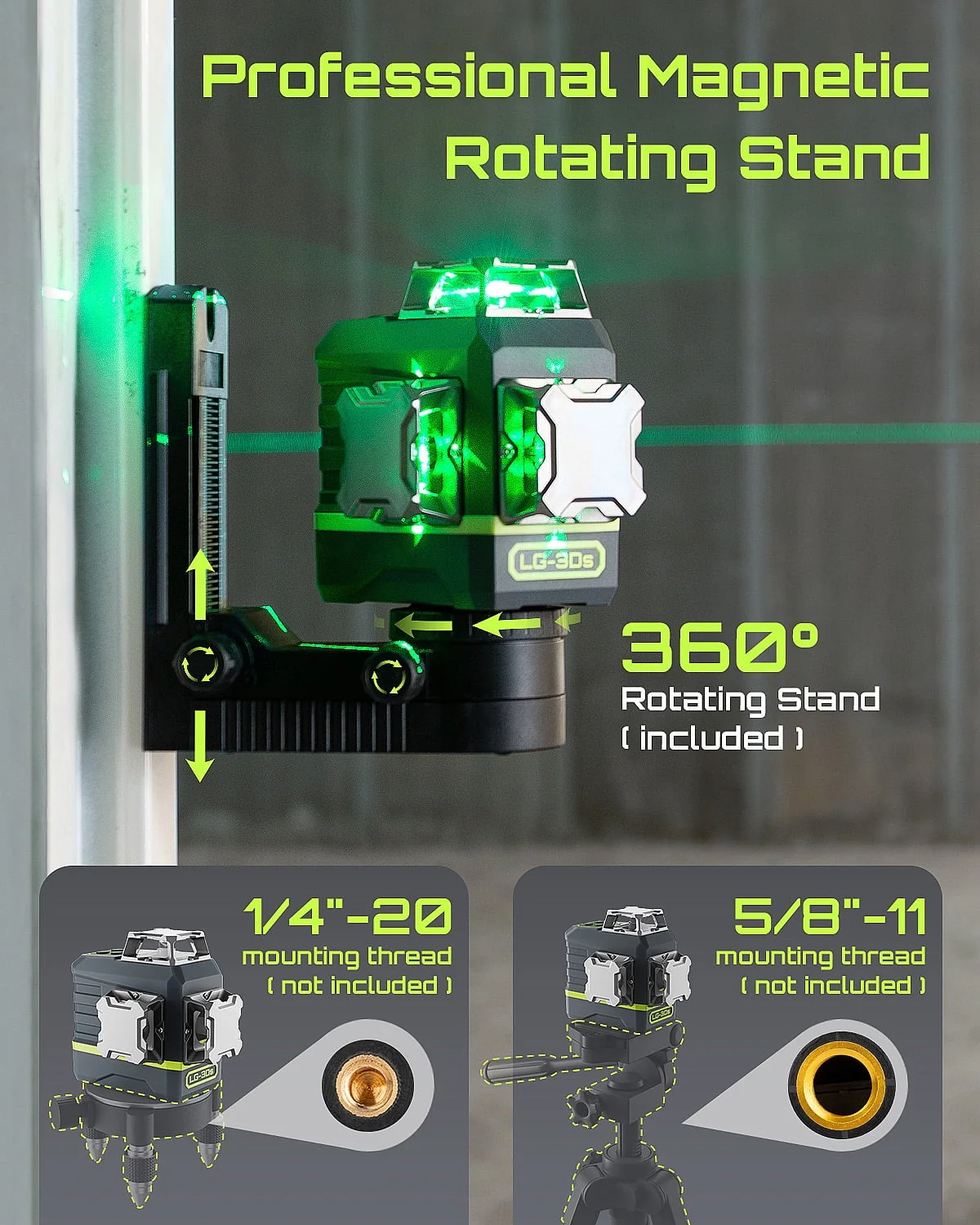 Laser Level 3x360- LASGOO with Remote Control, 2 Rechargeable Batteries, 100FT Range, 360- Magnetic Rotating Stand, IP54, 3Ds