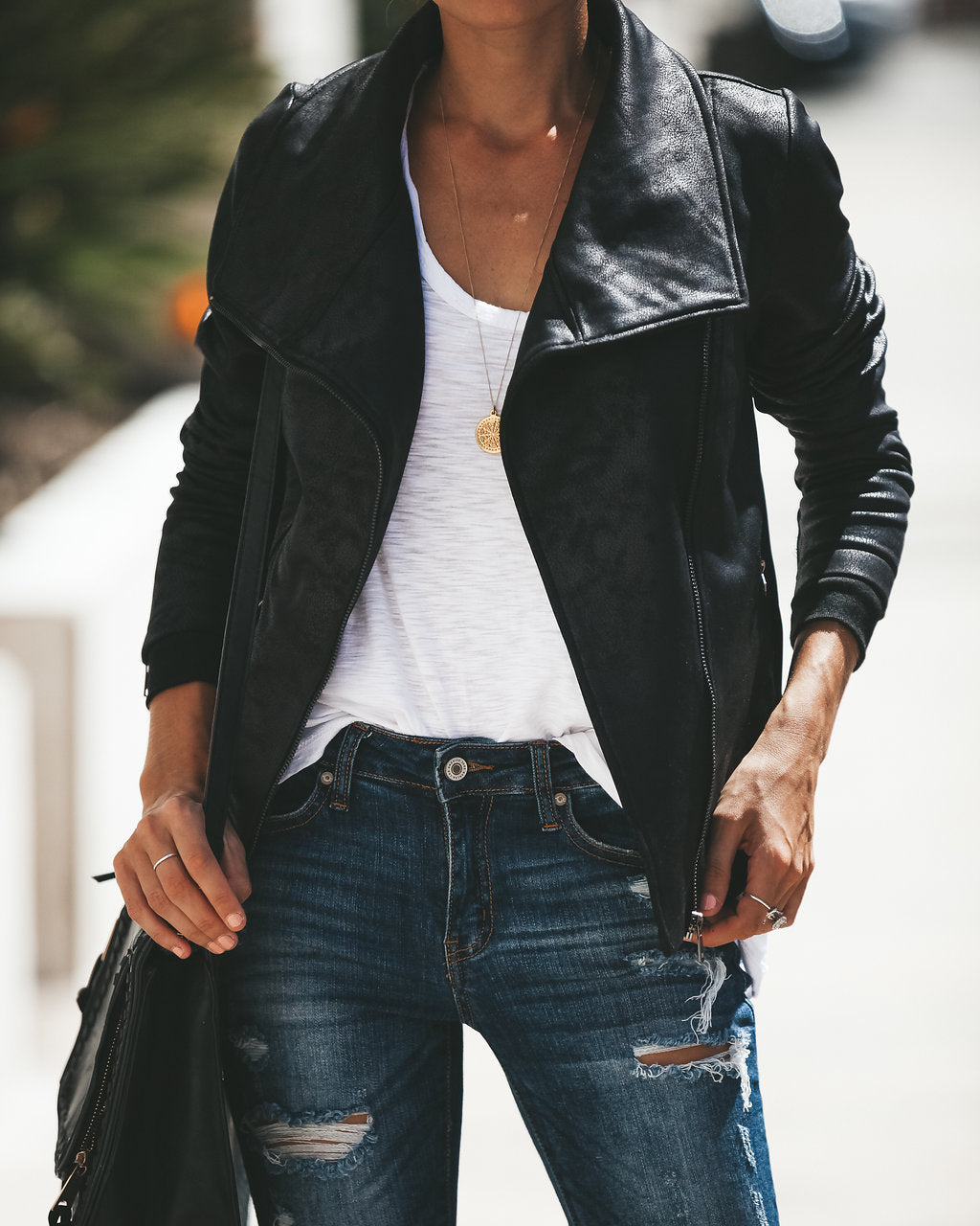 Slick Chick Coated Faux Leather Moto Jacket - Black - Se7enfashion