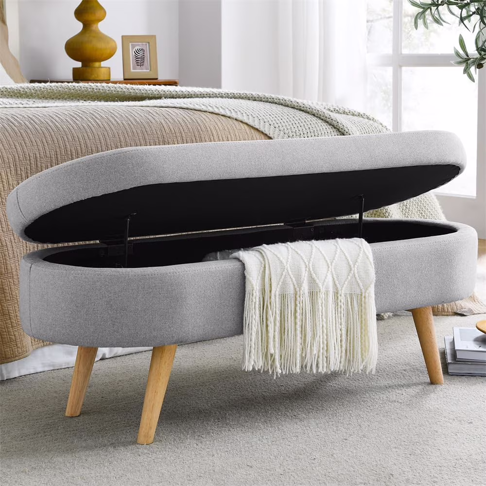 Sumdeal 43.5" Storage Ottoman Bench with 250lb Seating, Linen Upholstered Wood Legs Safety Hinge Flip Top Oval Foot Rest Long Stool for Sofa Couch Bedroom End of Bed Living Room Entryway, White - Image 14