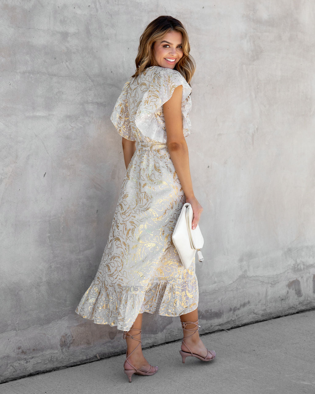 Golden Summer Metallic Ruffle Midi Dress - FINAL SALE - Se7enfashion